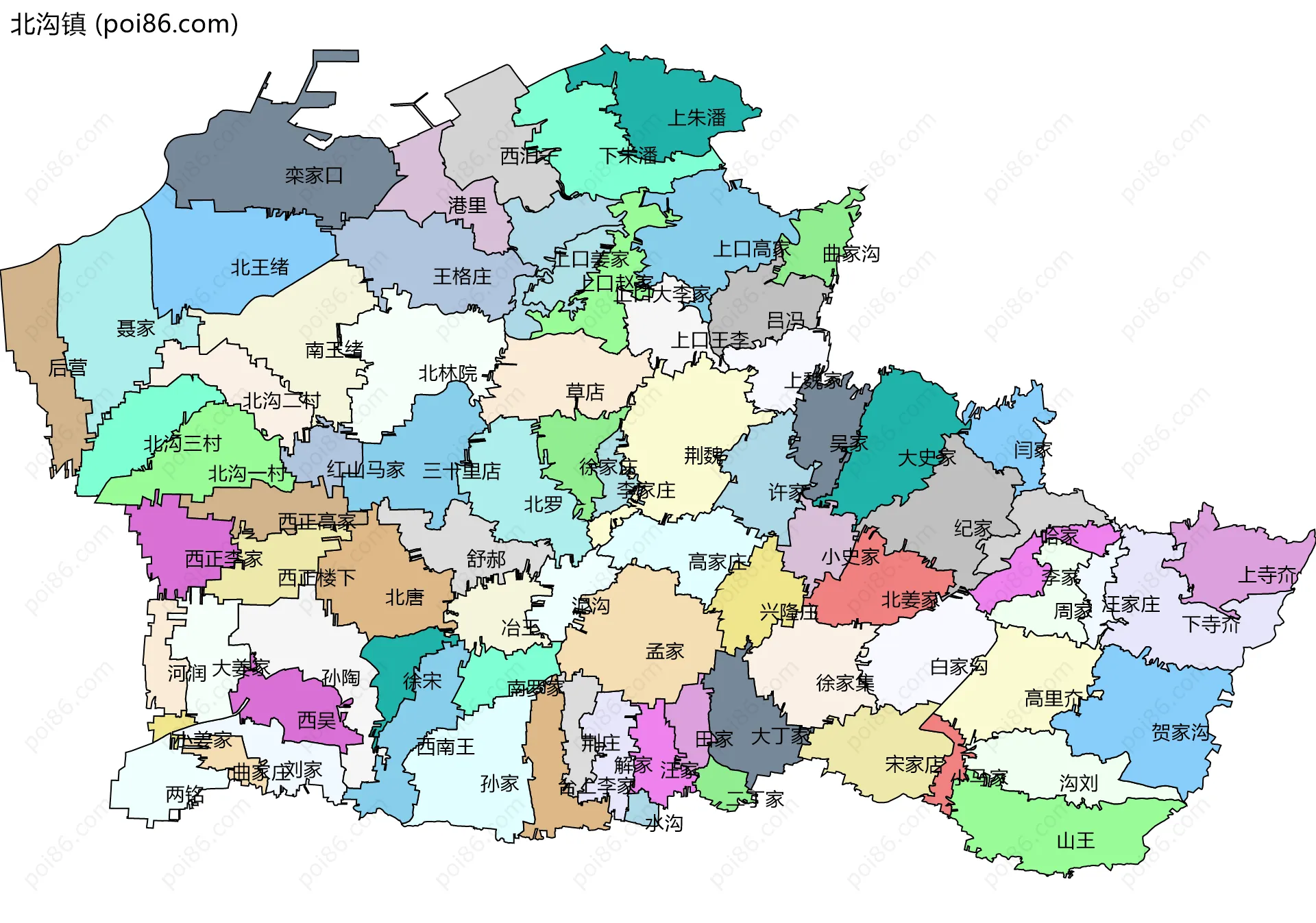 北沟镇边界地图(五级行政区划)