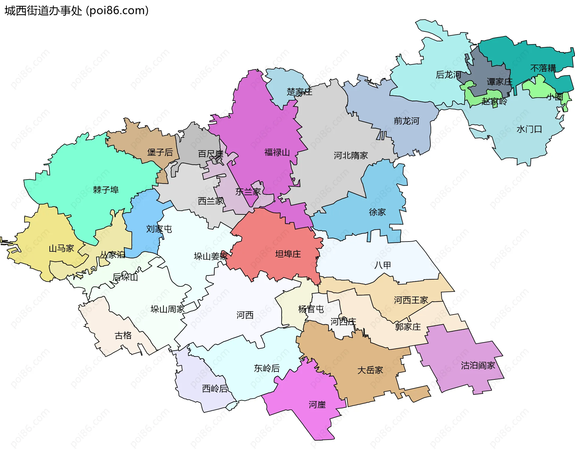 城西街道办事处边界地图(五级行政区划)