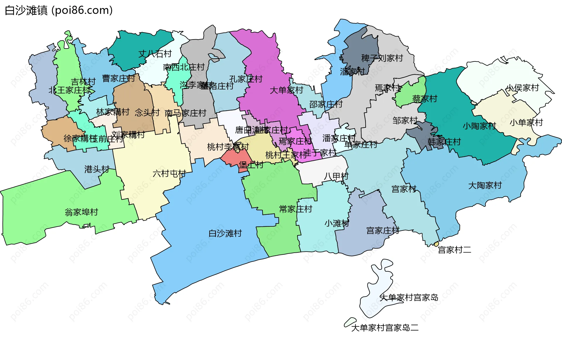 白沙滩镇边界地图(五级行政区划)