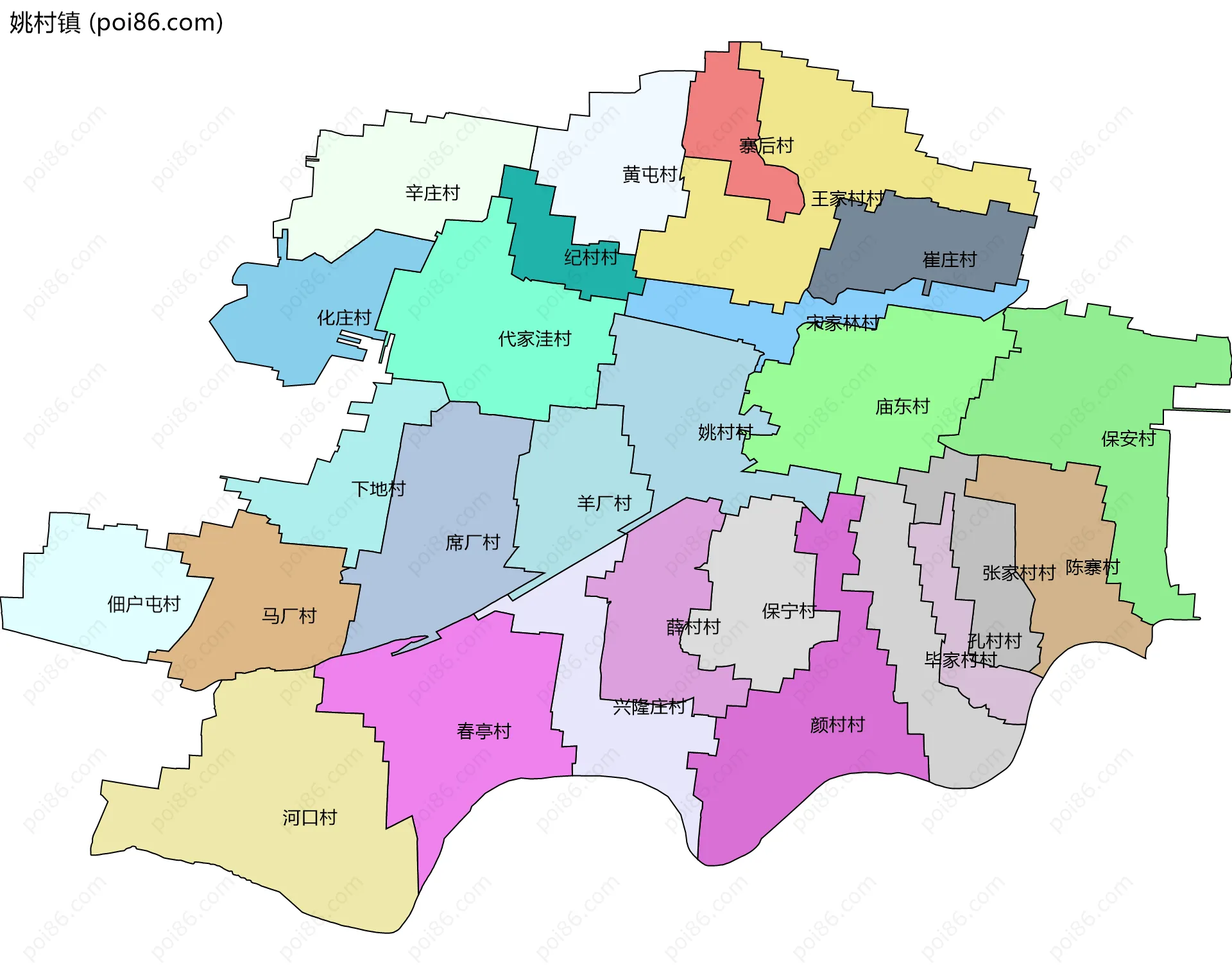 姚村镇边界地图(五级行政区划)