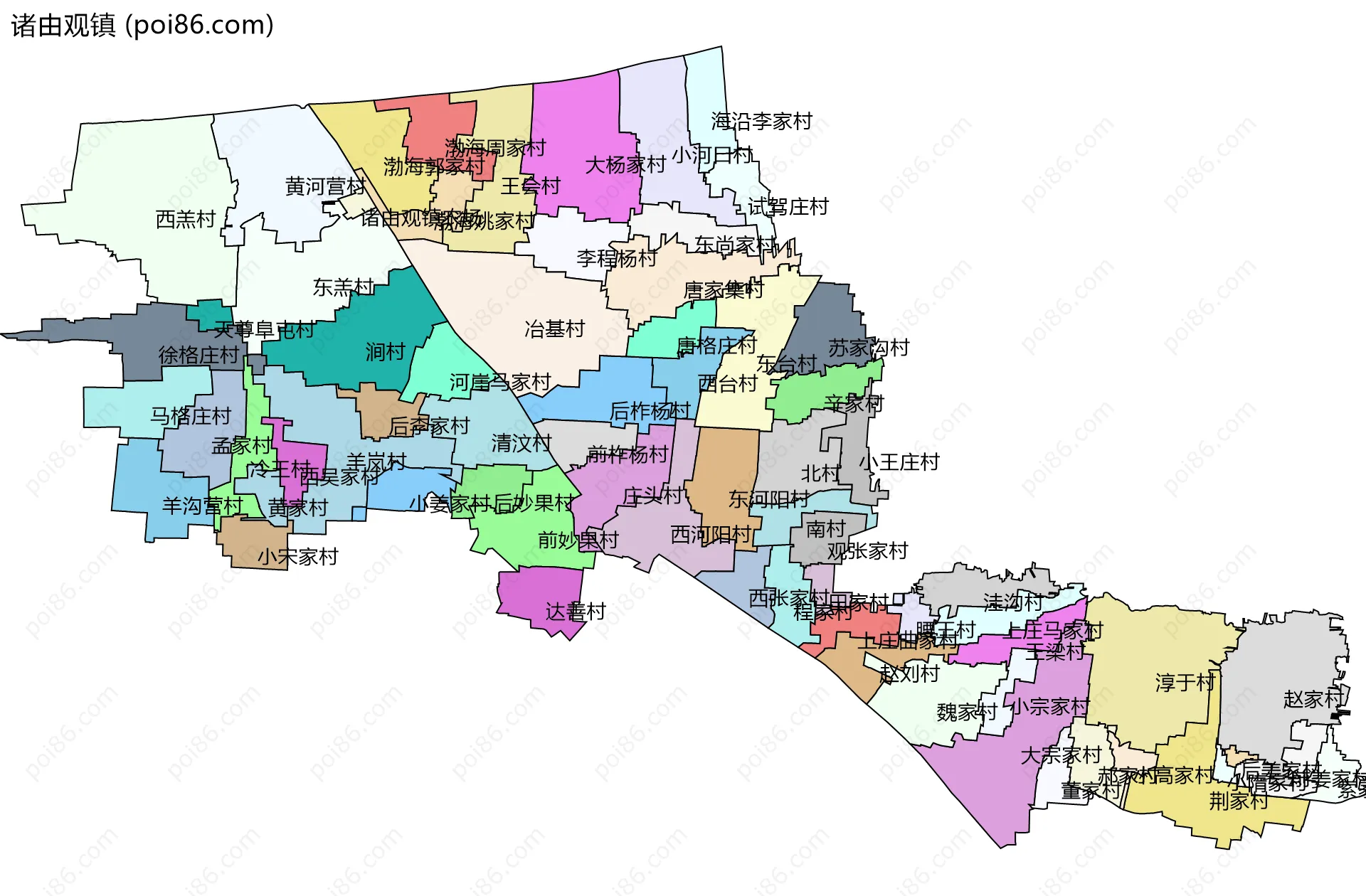诸由观镇边界地图(五级行政区划)