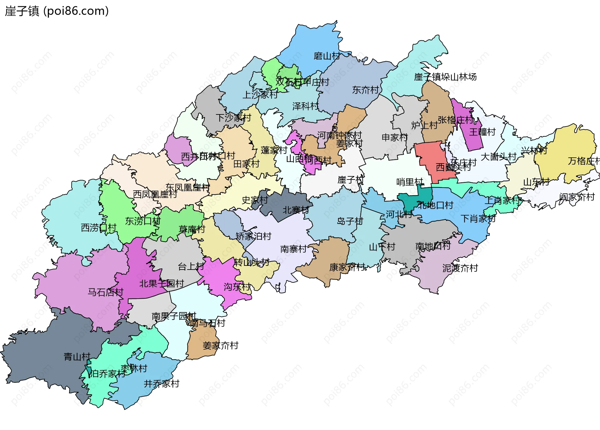 崖子镇边界地图(五级行政区划)
