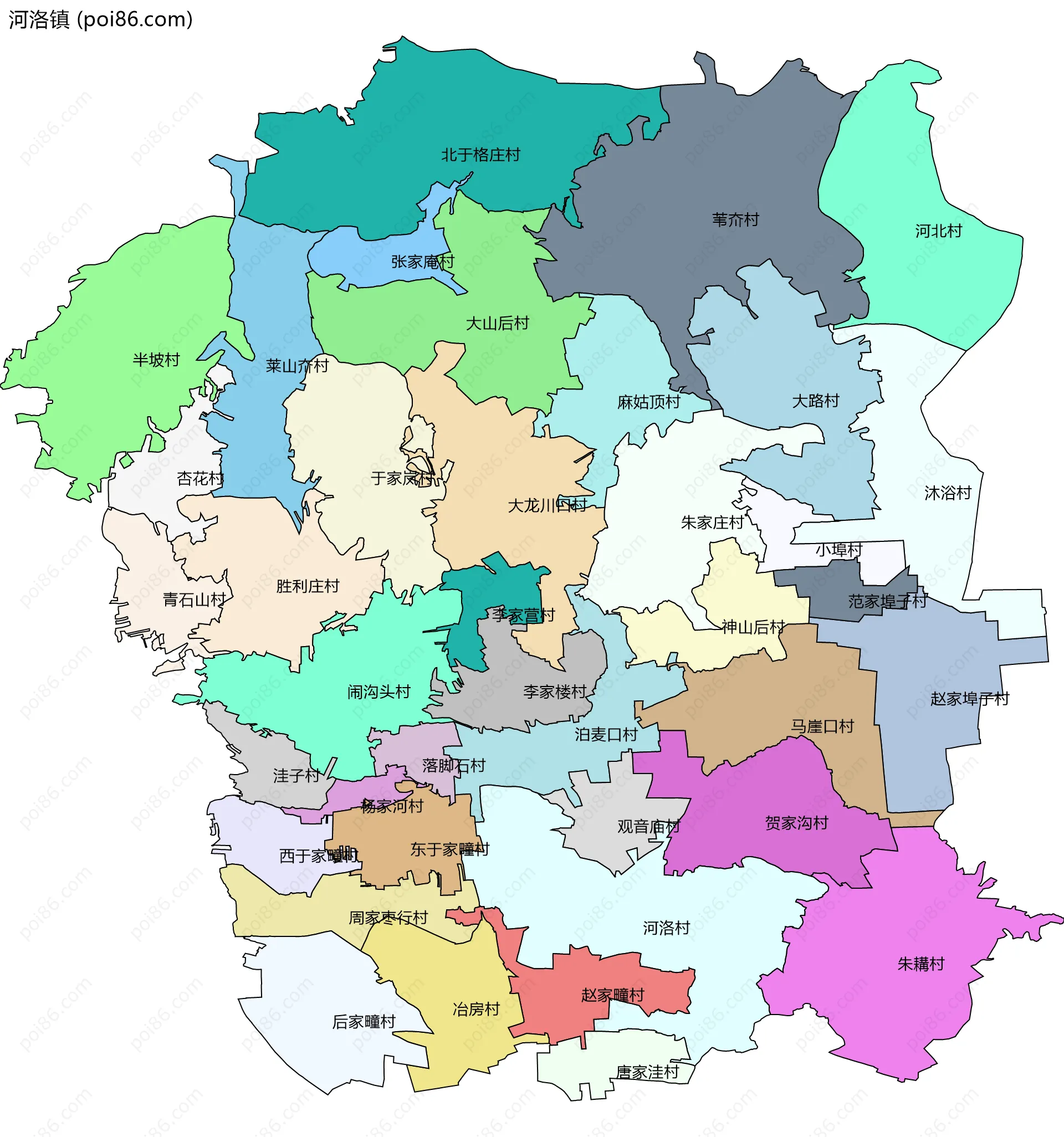 河洛镇边界地图(五级行政区划)