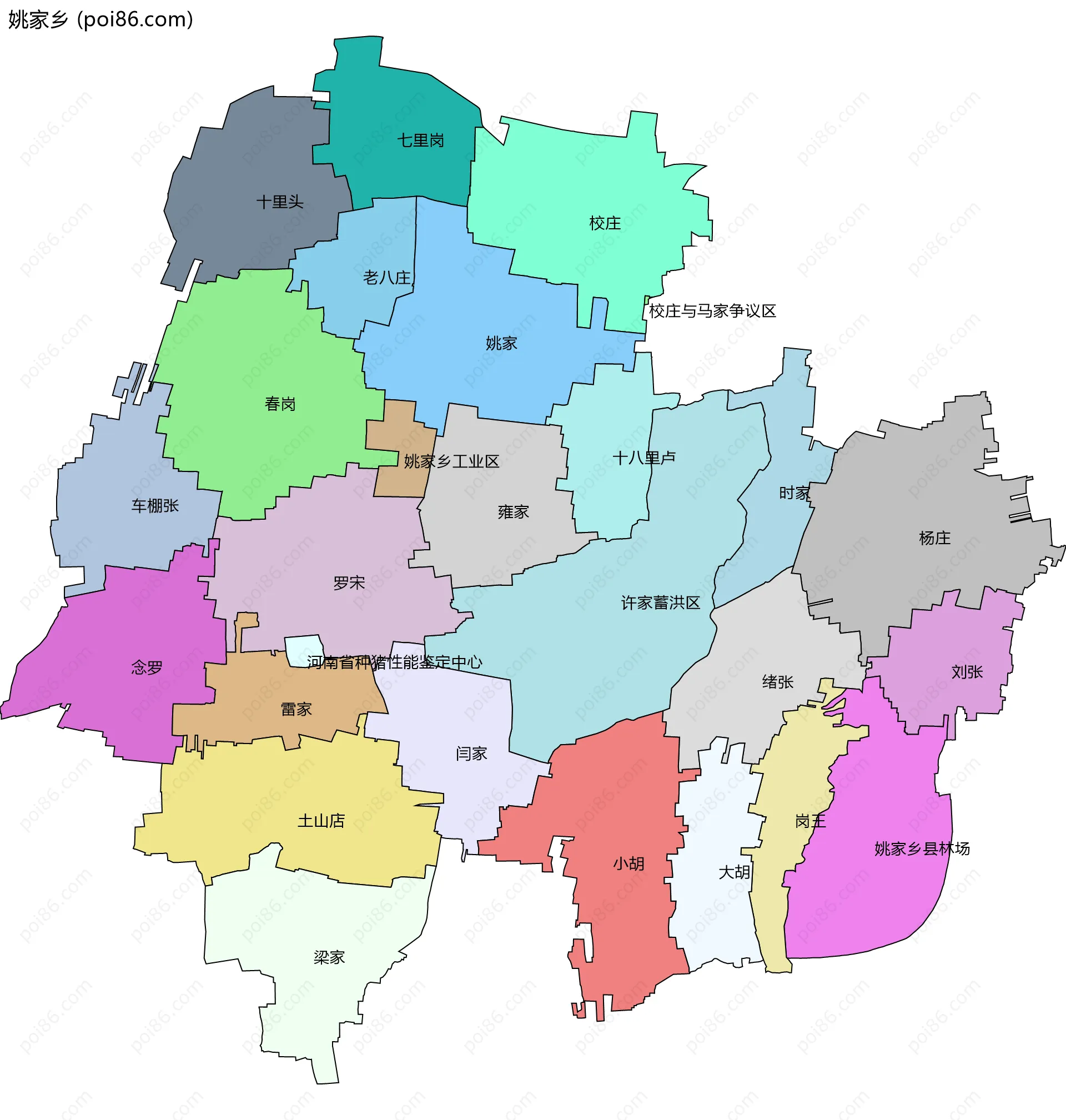 姚家乡边界地图(五级行政区划)