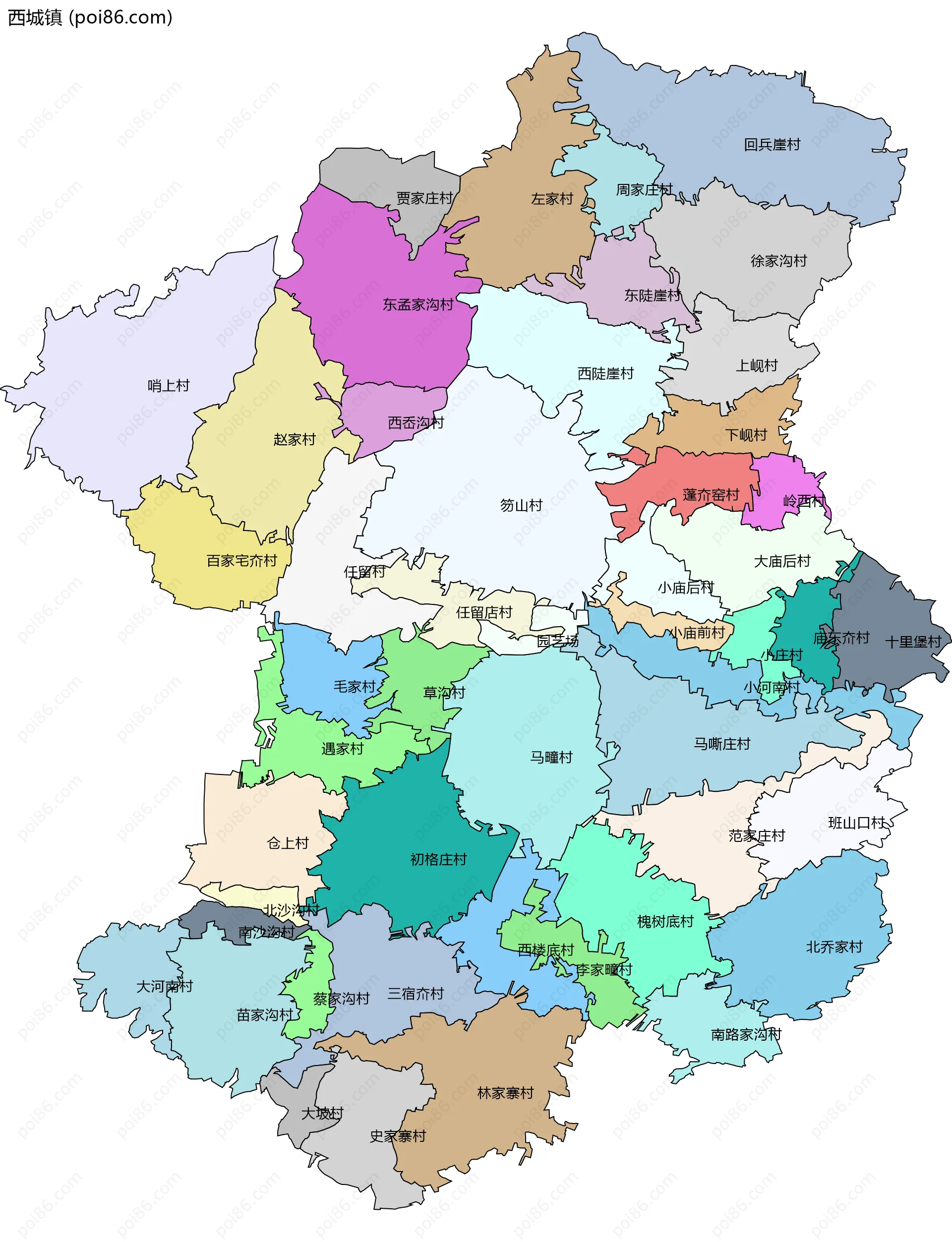 西城镇边界地图(五级行政区划)