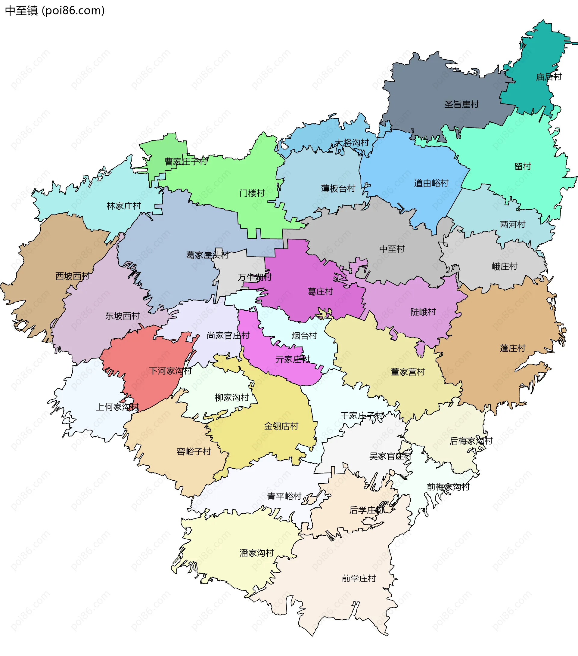 中至镇边界地图(五级行政区划)