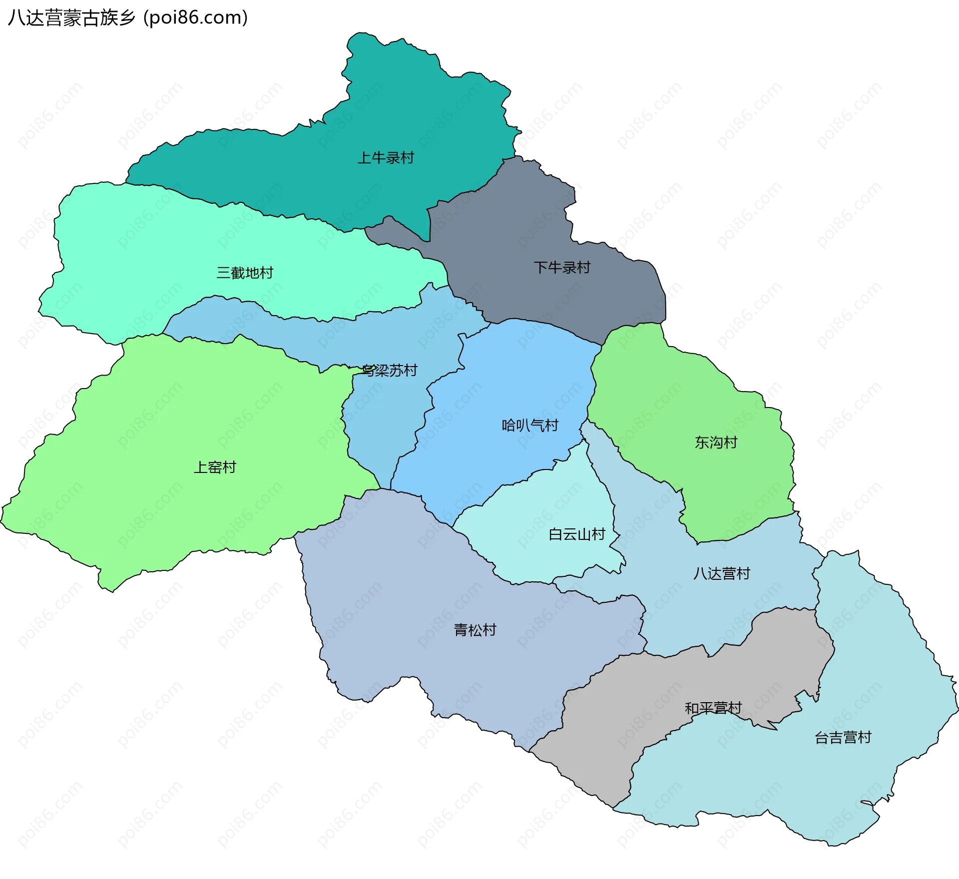 八达营蒙古族乡边界地图(五级行政区划)