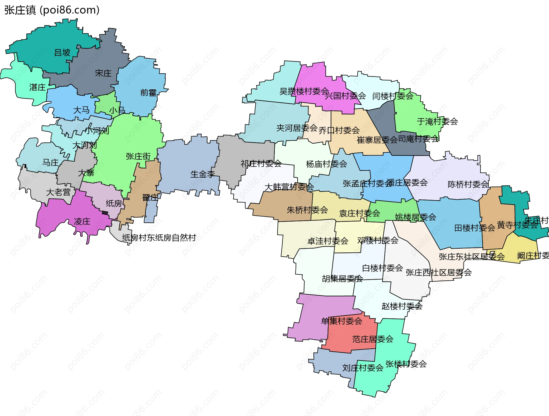 张庄镇边界地图(五级行政区划)