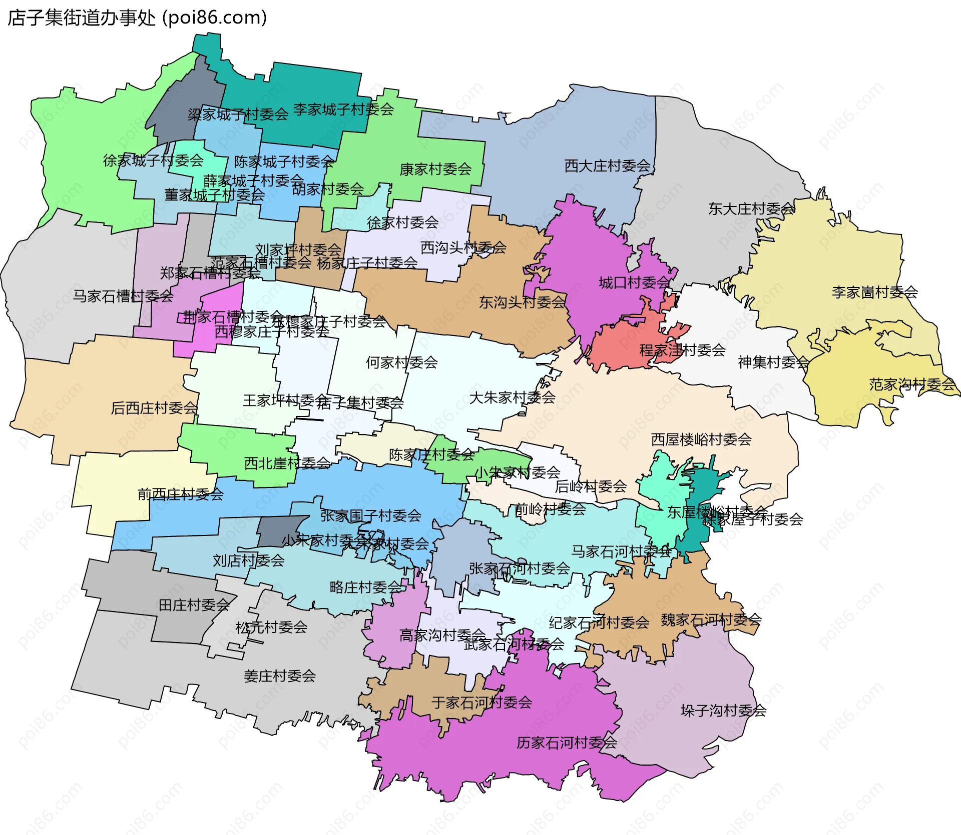 店子集街道办事处边界地图(五级行政区划)