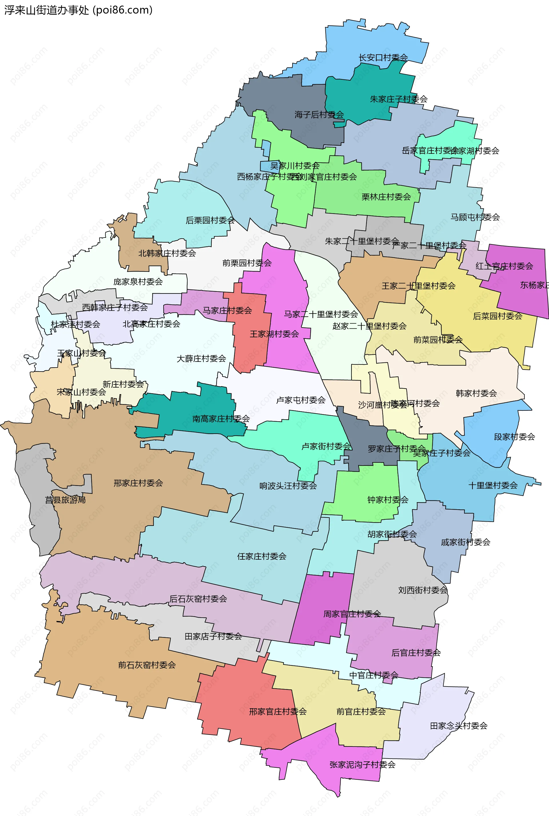 浮来山街道办事处边界地图(五级行政区划)