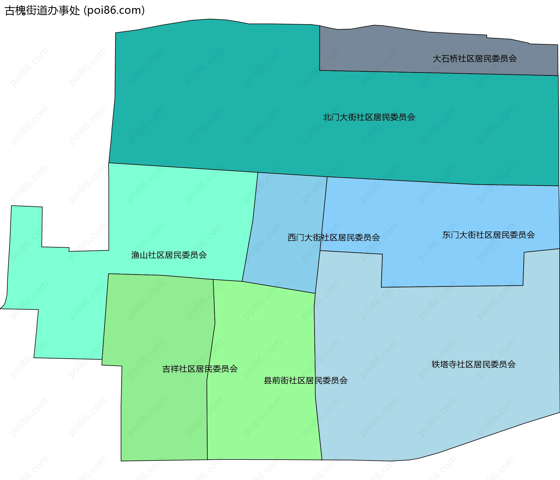 古槐街道办事处边界地图(五级行政区划)
