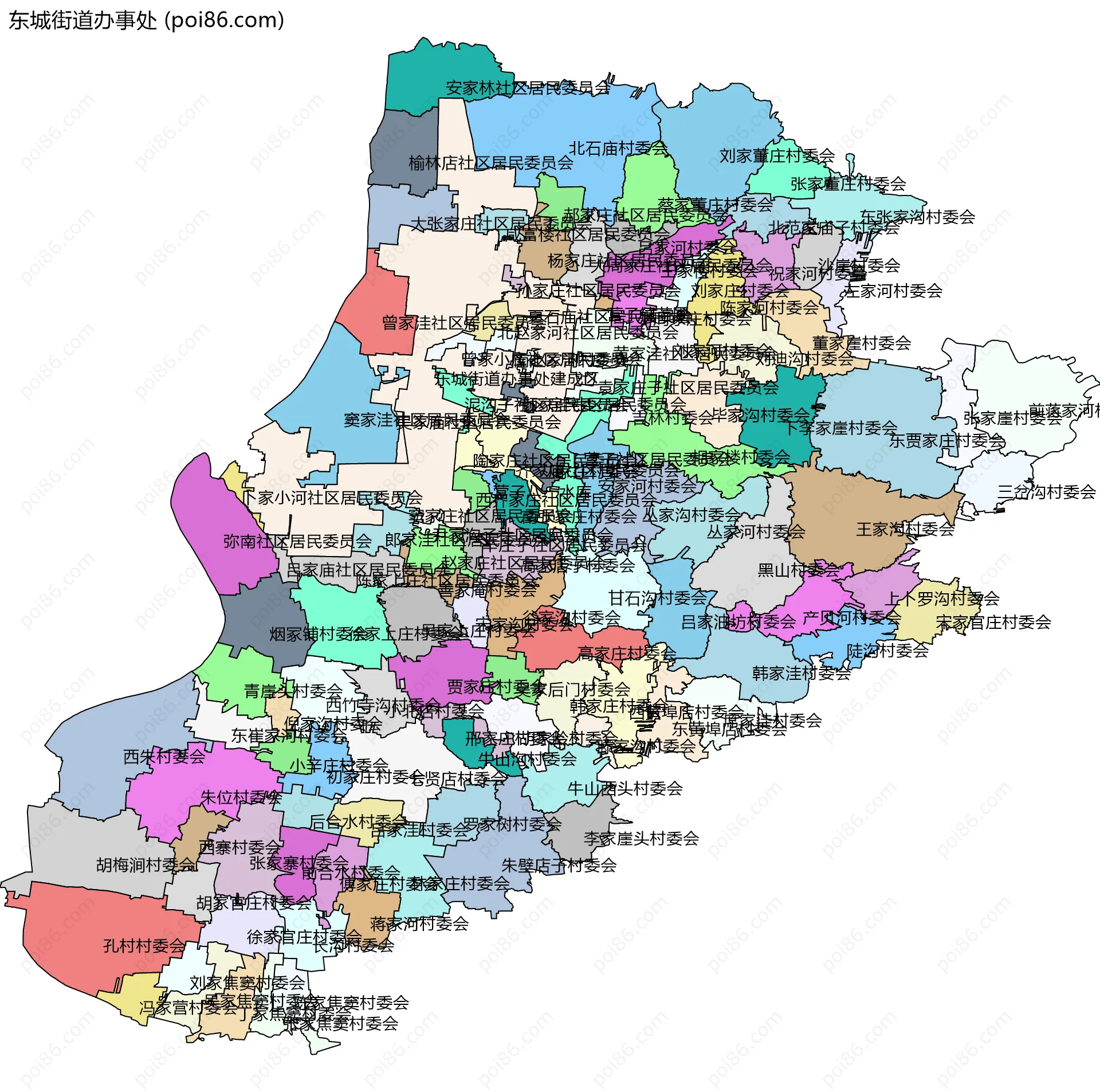 东城街道办事处边界地图(五级行政区划)