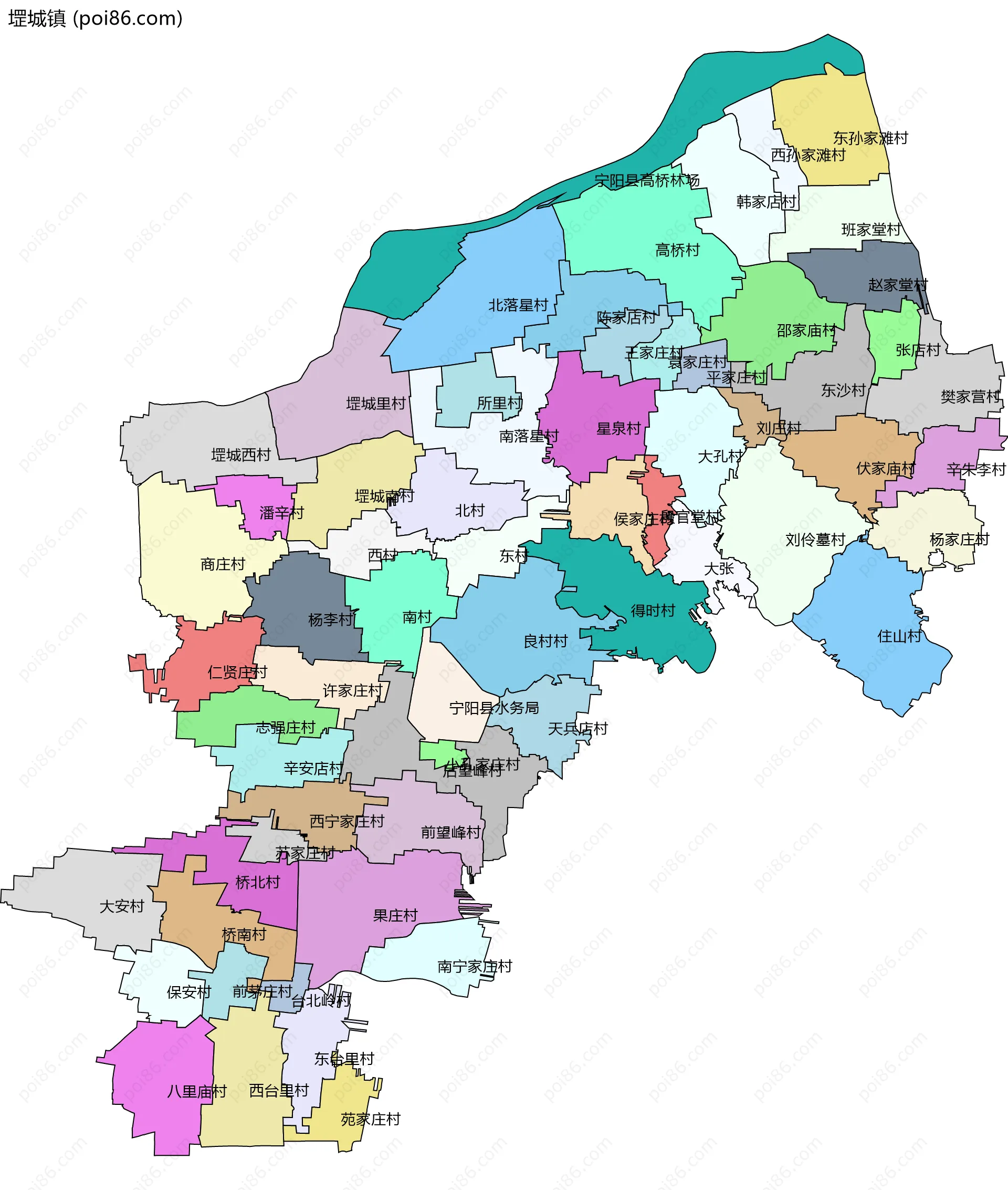 堽城镇边界地图(五级行政区划)