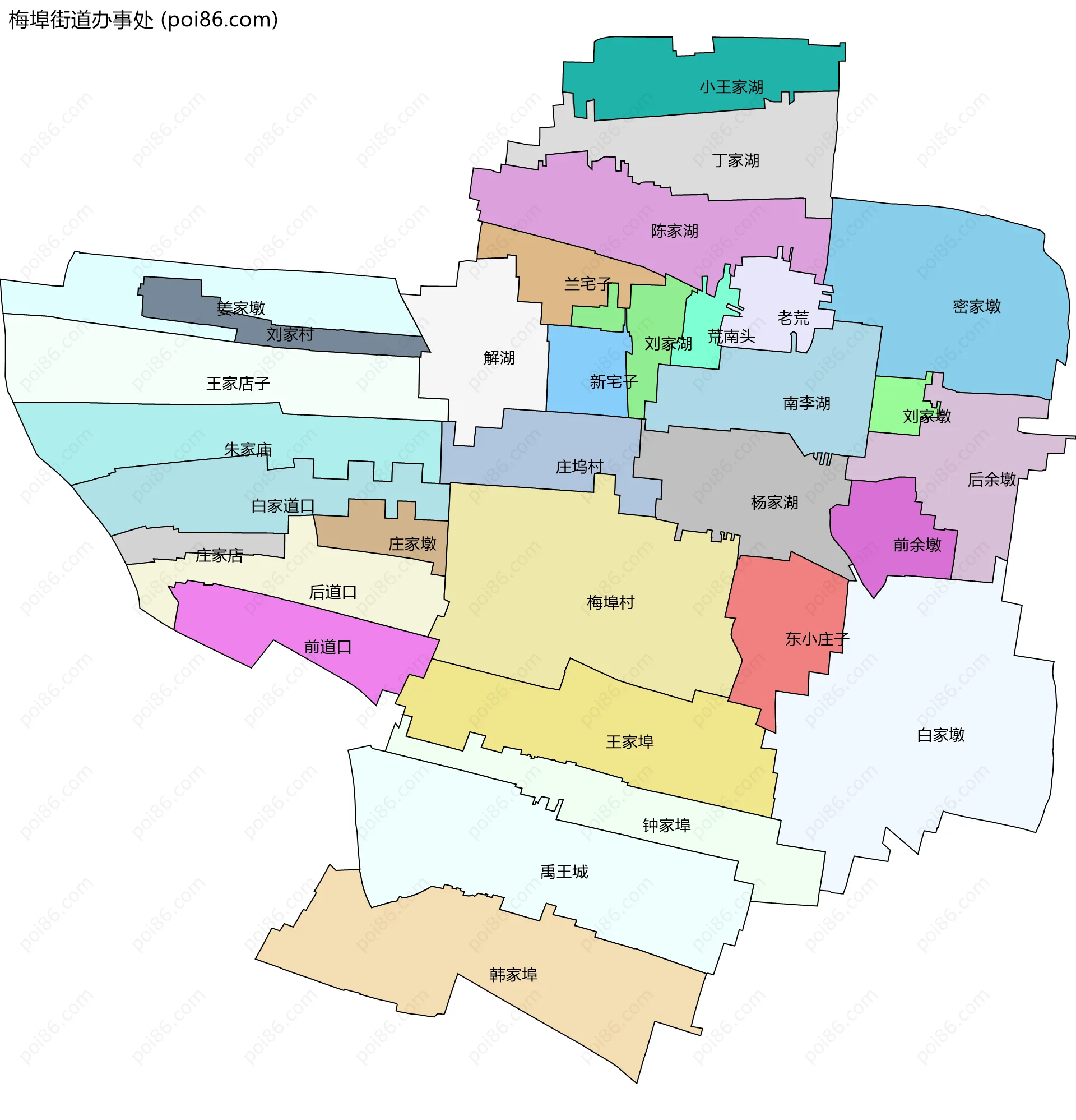 梅埠街道办事处边界地图(五级行政区划)