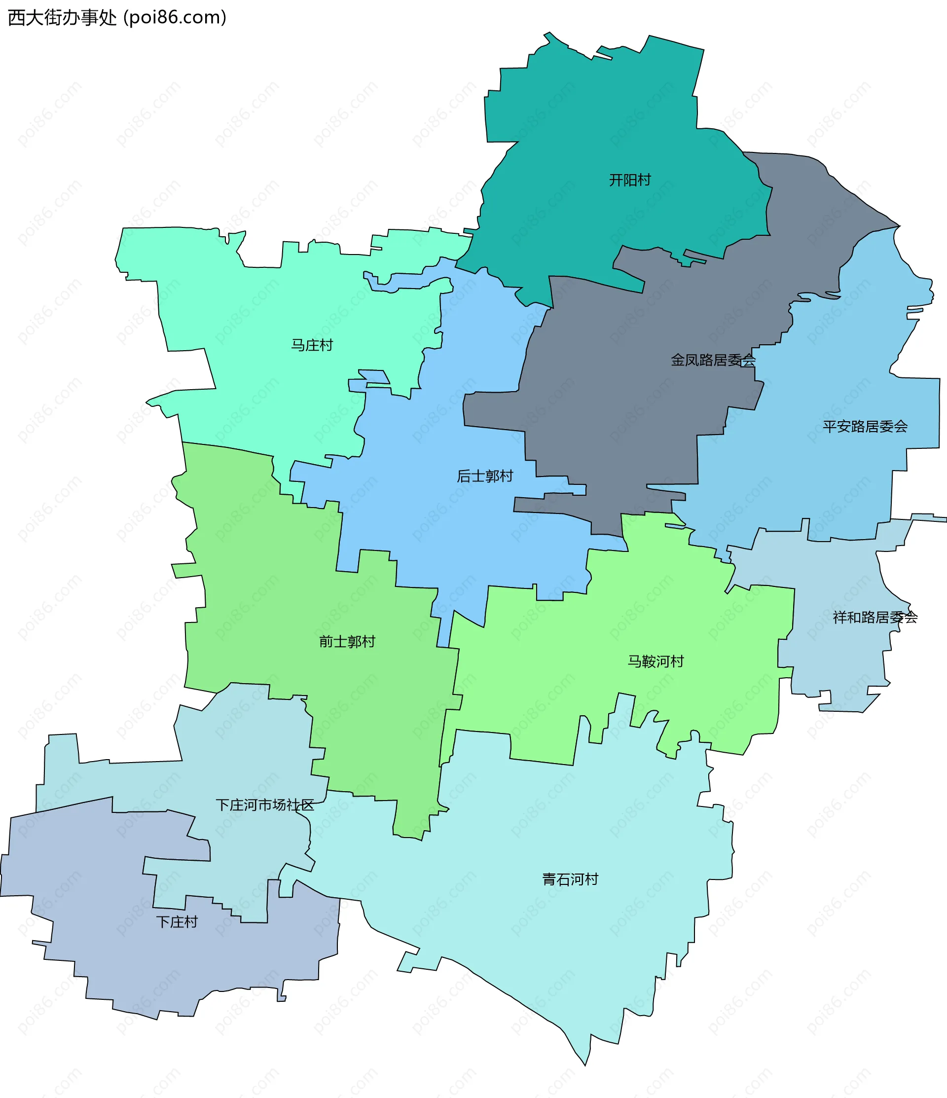 西大街办事处边界地图(五级行政区划)