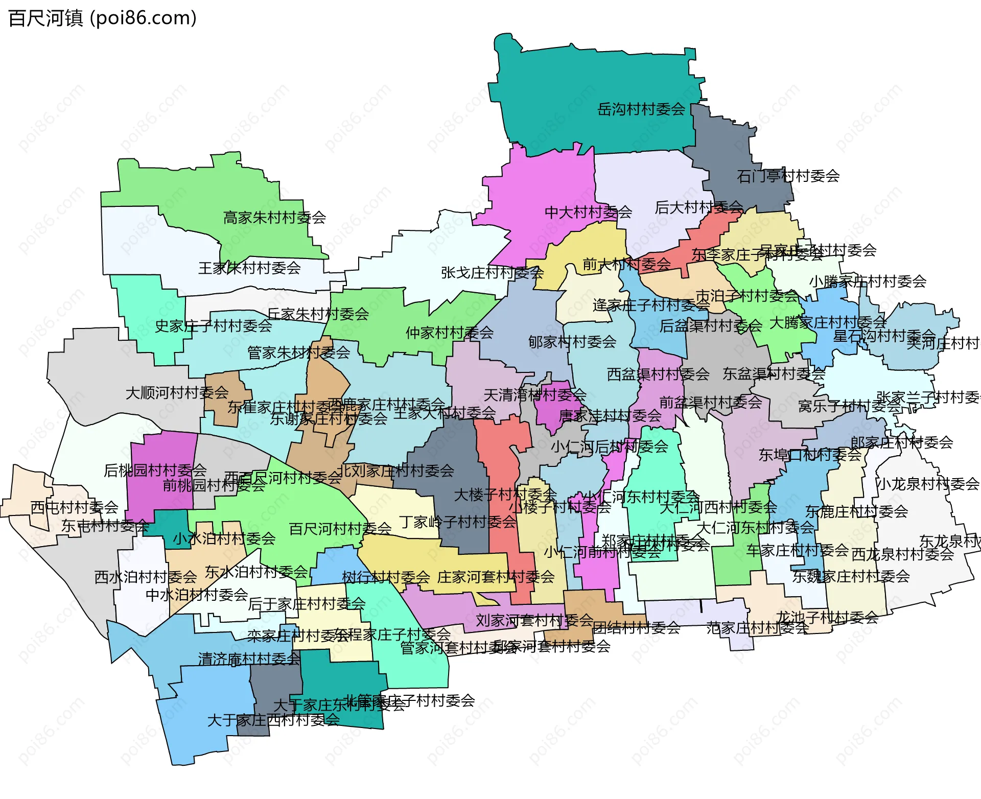 百尺河镇边界地图(五级行政区划)