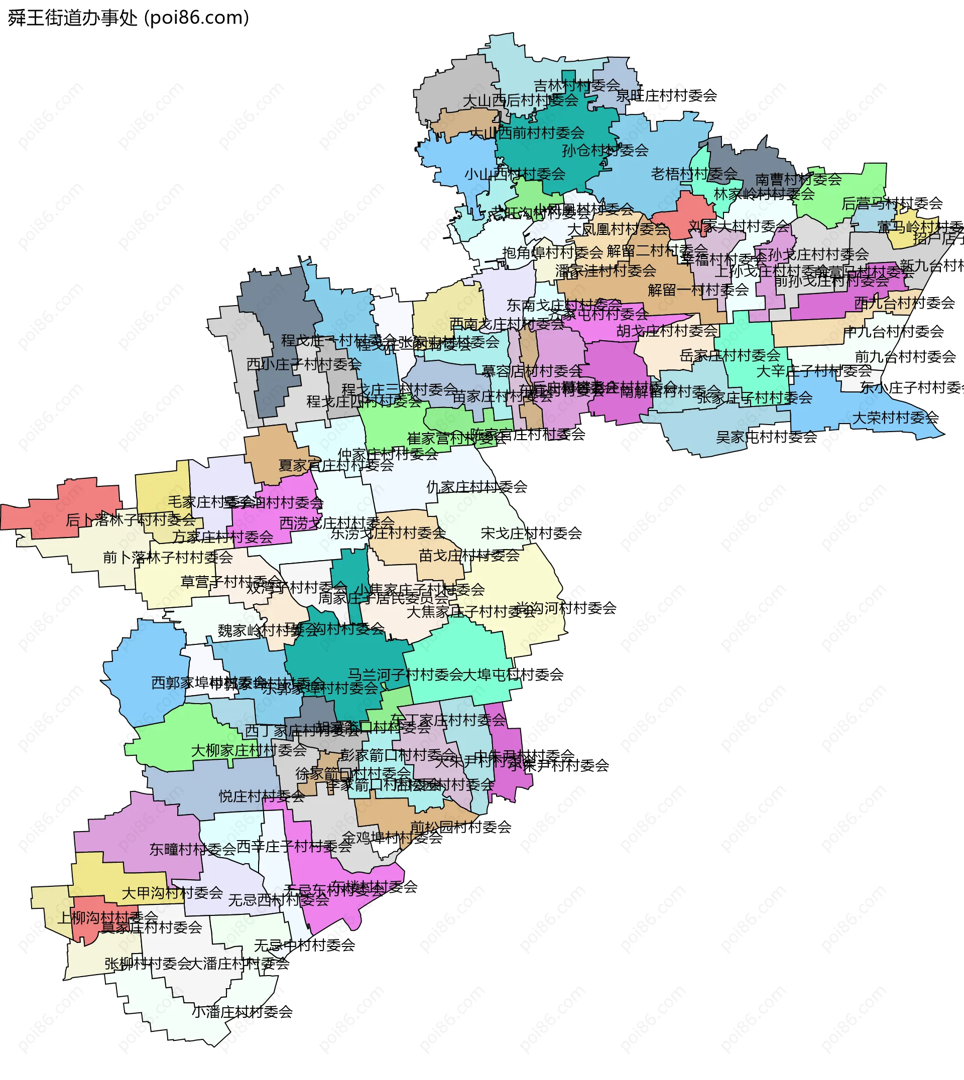 舜王街道办事处边界地图(五级行政区划)
