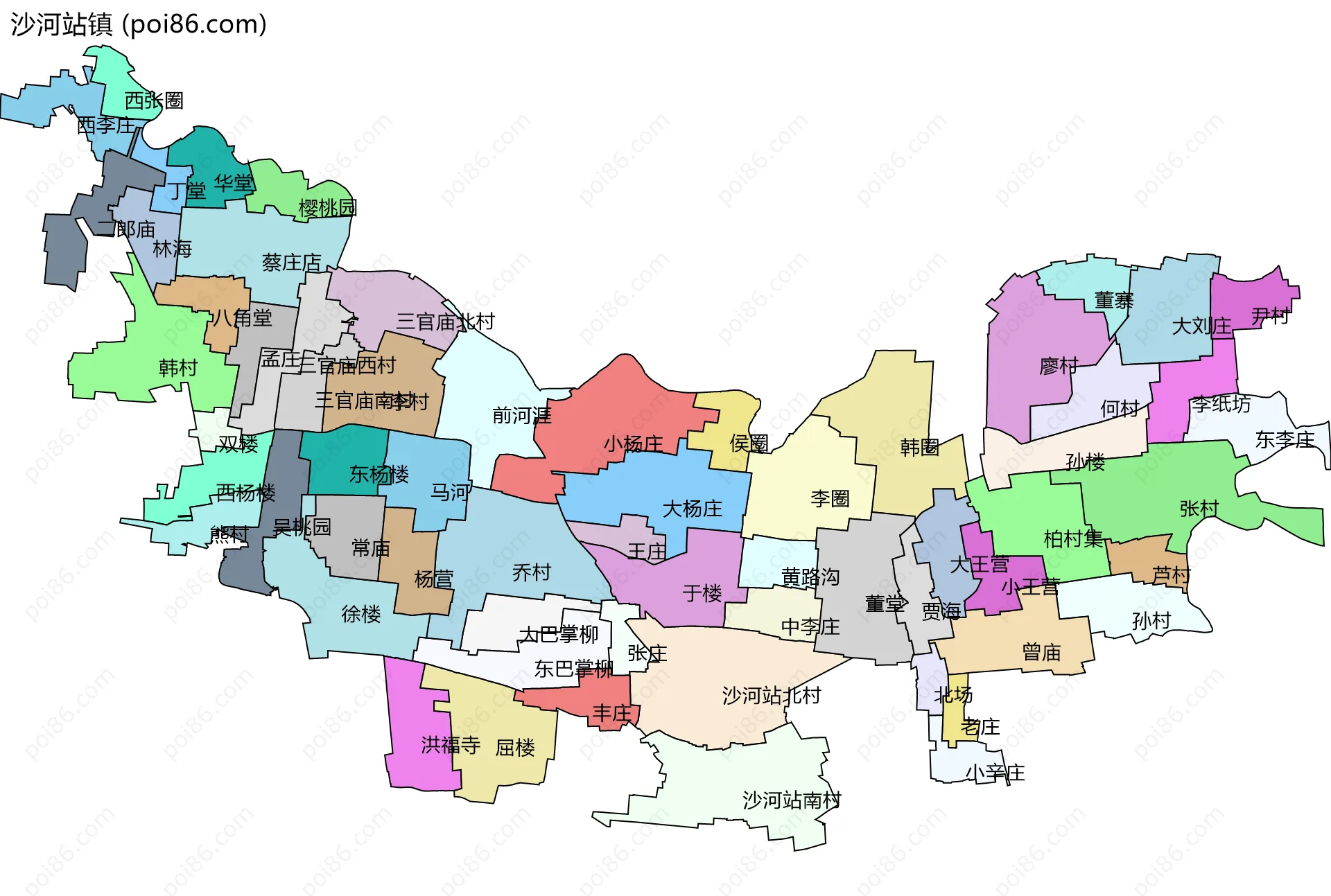 沙河站镇边界地图(五级行政区划)