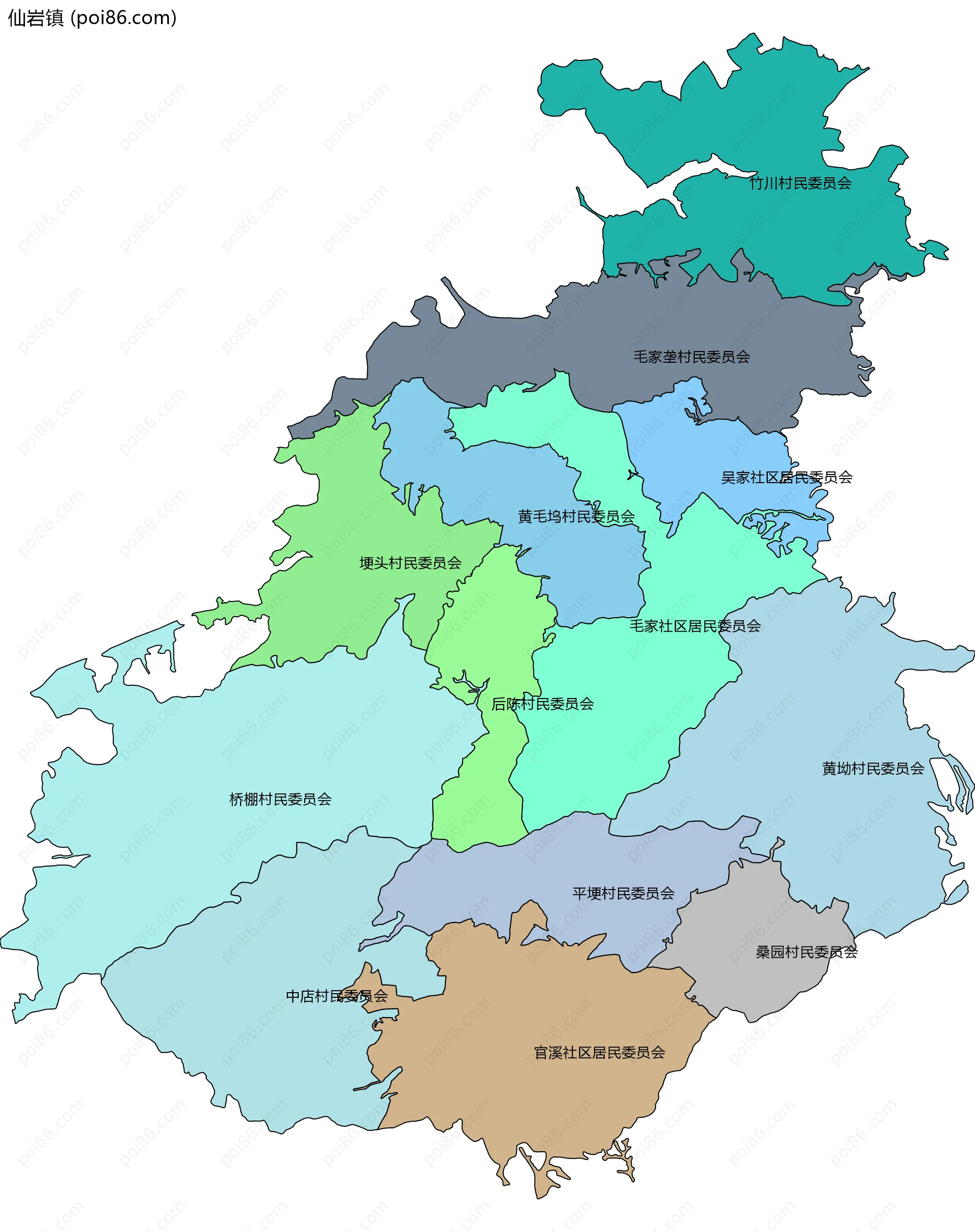 仙岩镇边界地图(五级行政区划)