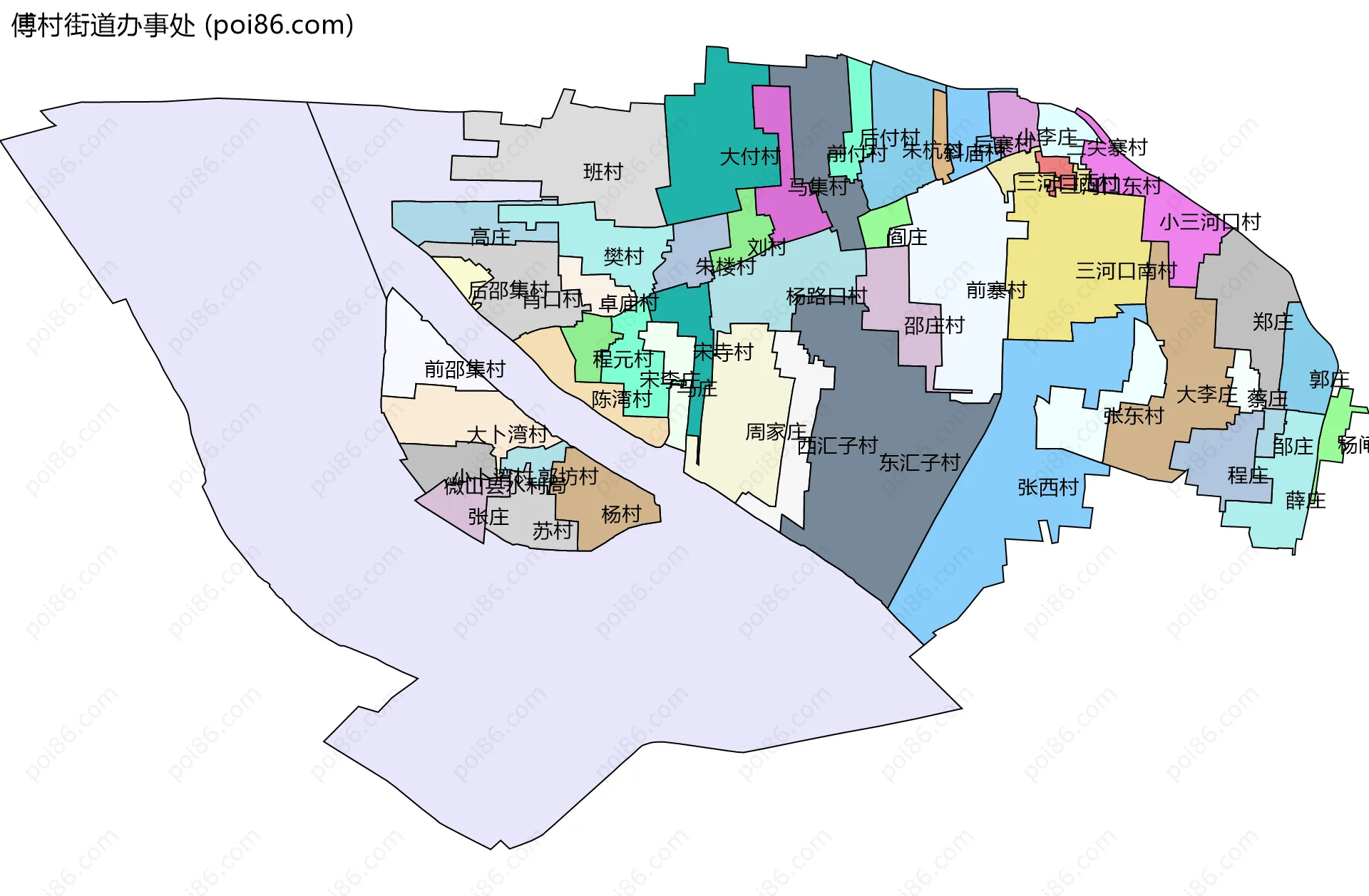 傅村街道办事处边界地图(五级行政区划)
