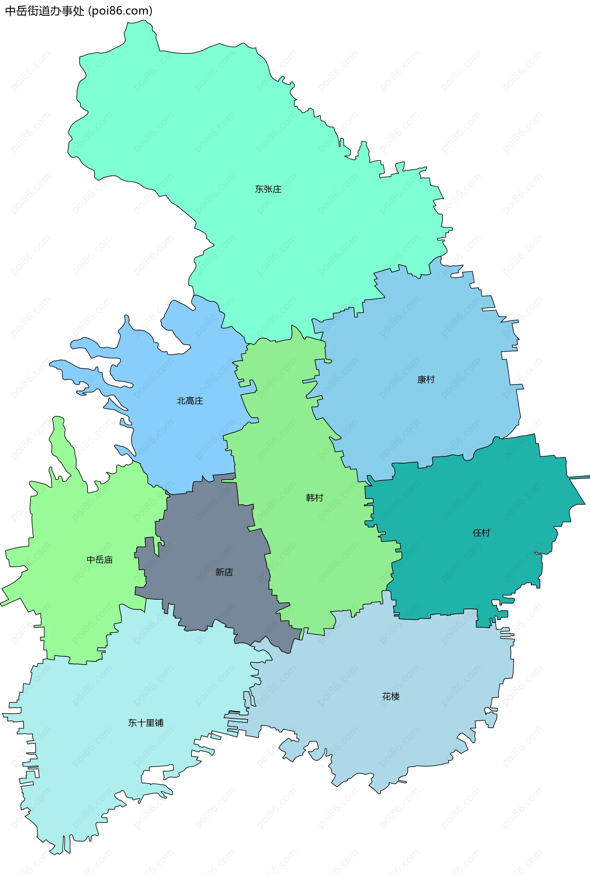 中岳街道办事处边界地图(五级行政区划)