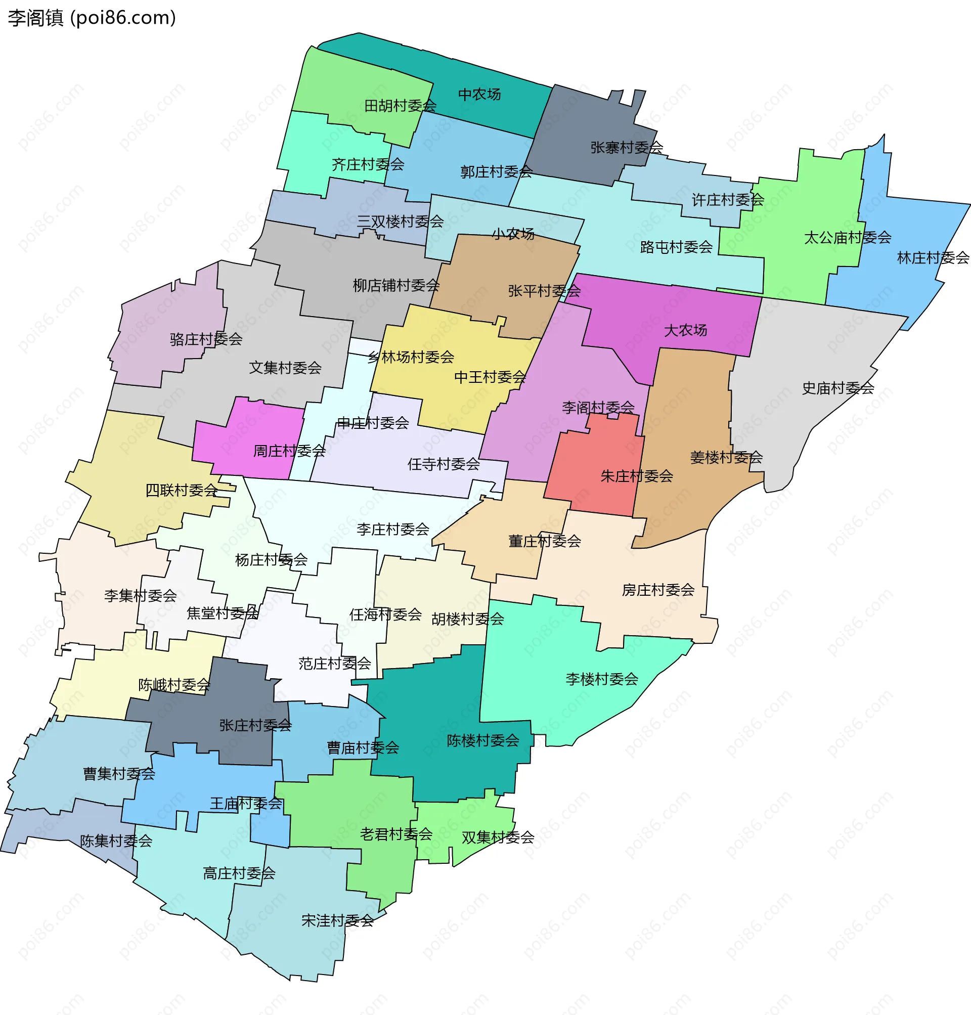 李阁镇边界地图(五级行政区划)