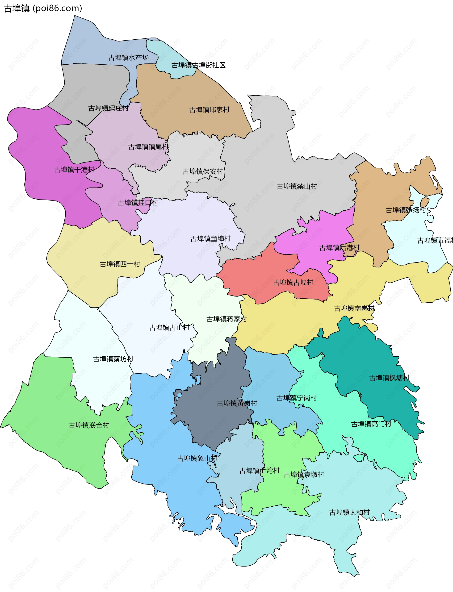 古埠镇边界地图(五级行政区划)