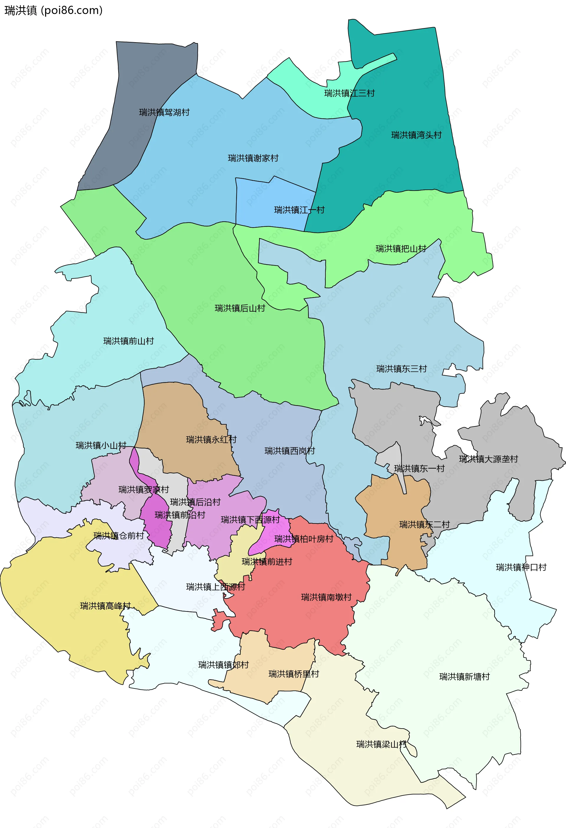 瑞洪镇边界地图(五级行政区划)