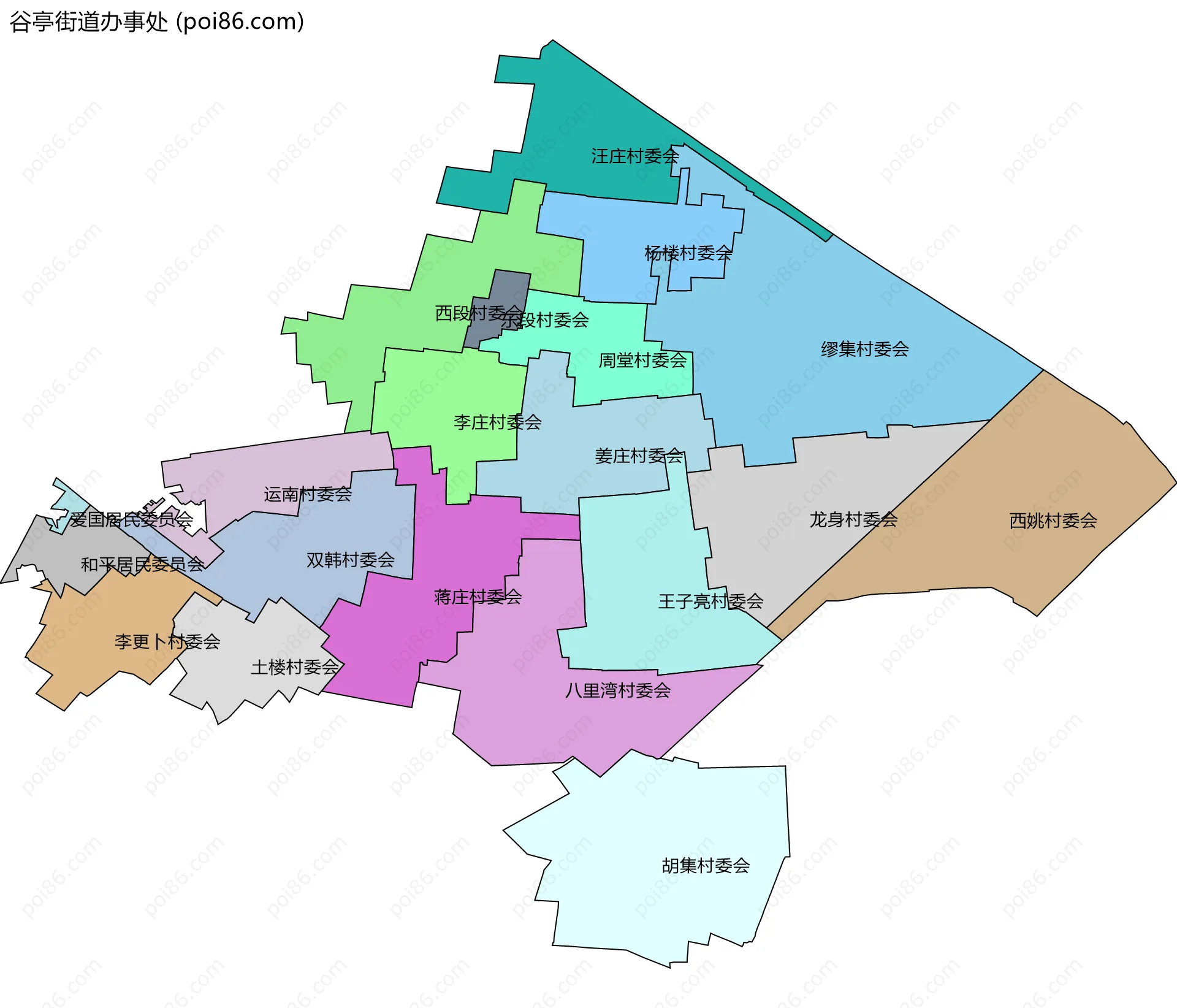 谷亭街道办事处边界地图(五级行政区划)