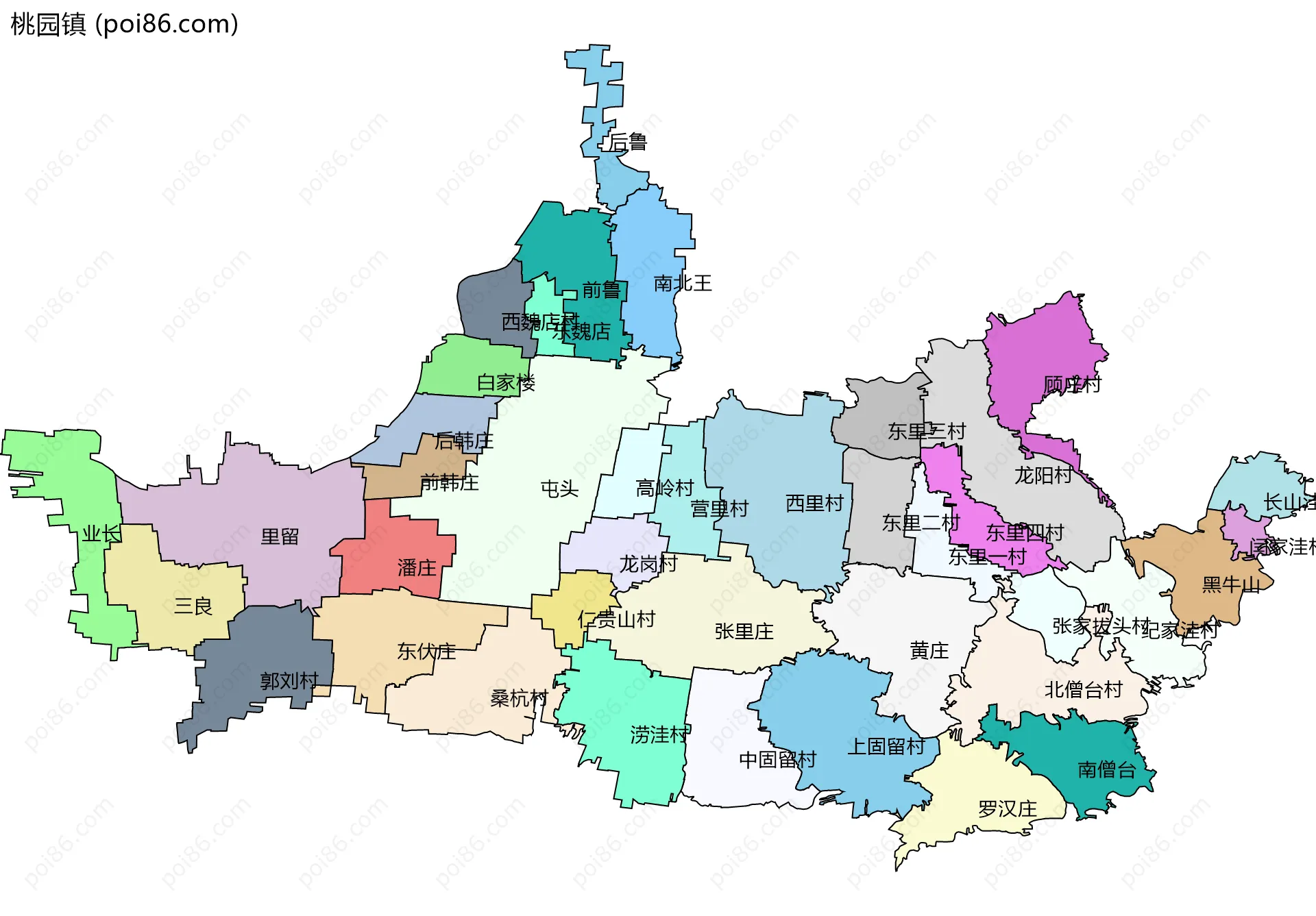 桃园镇边界地图(五级行政区划)