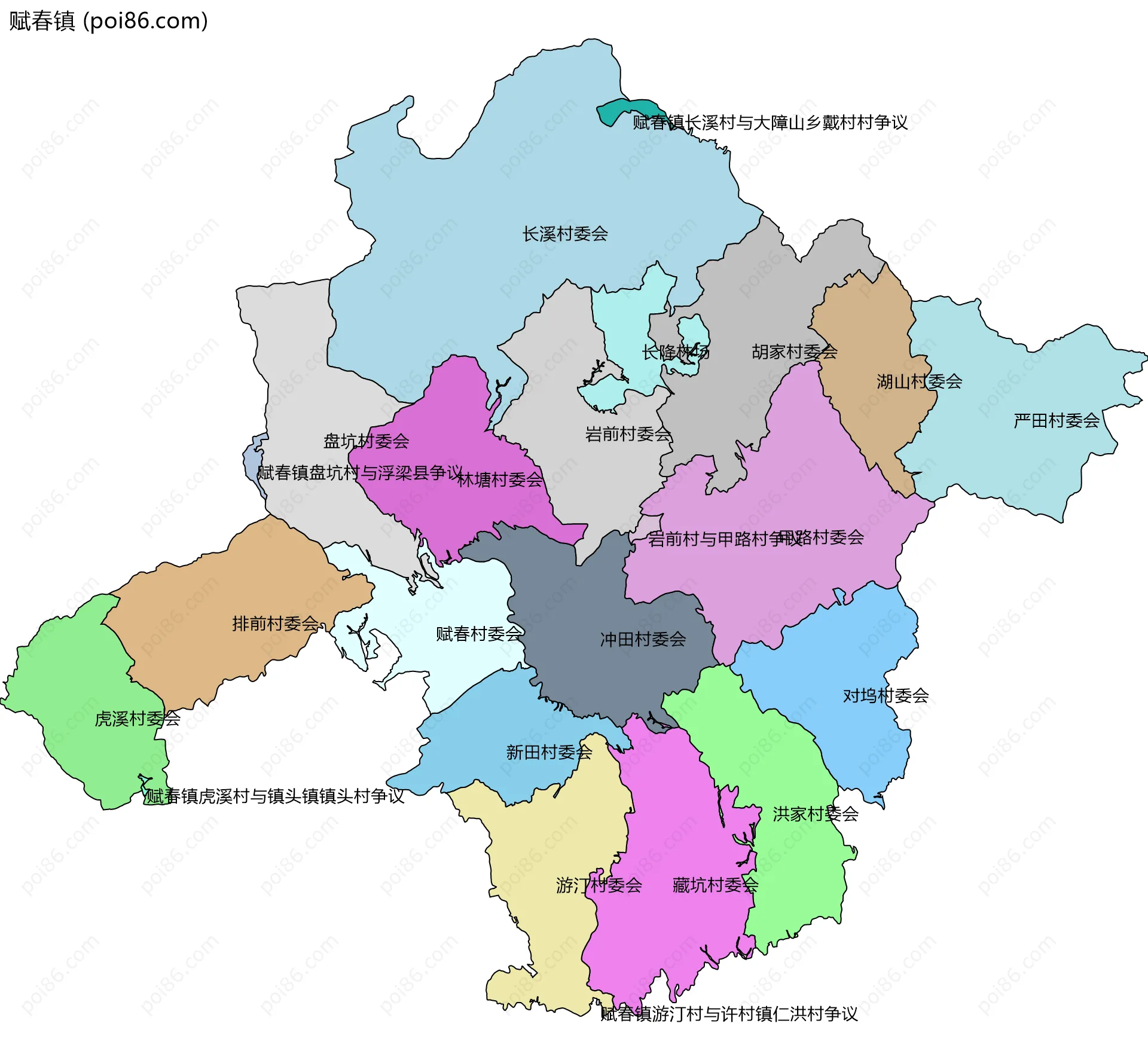 赋春镇边界地图(五级行政区划)