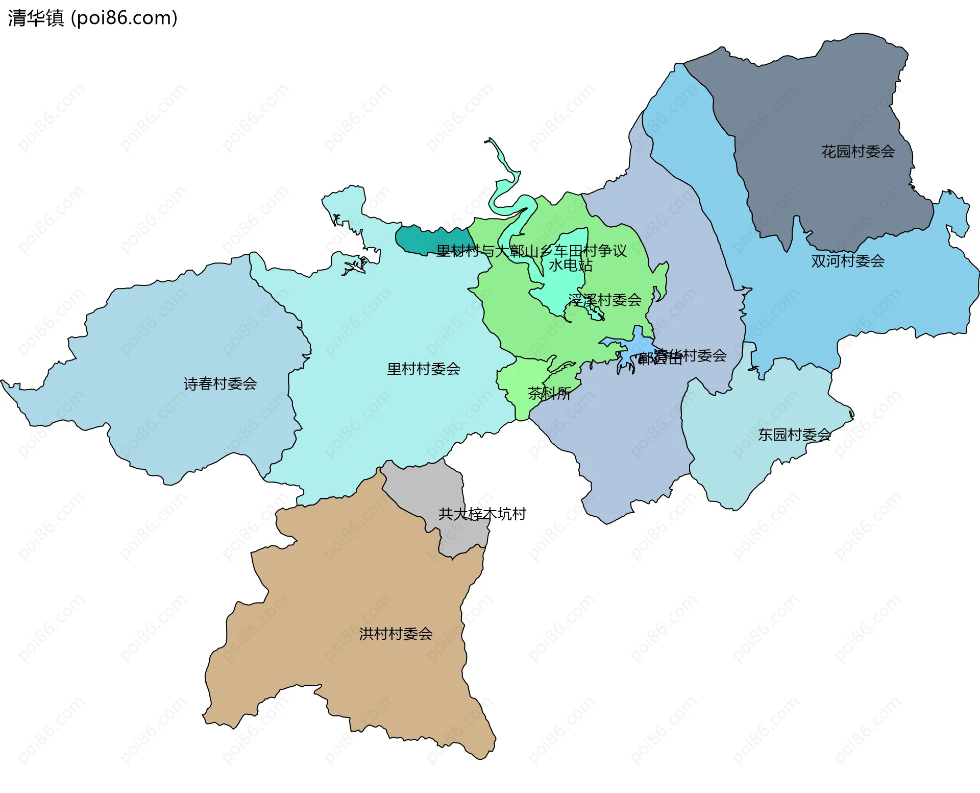 清华镇边界地图(五级行政区划)