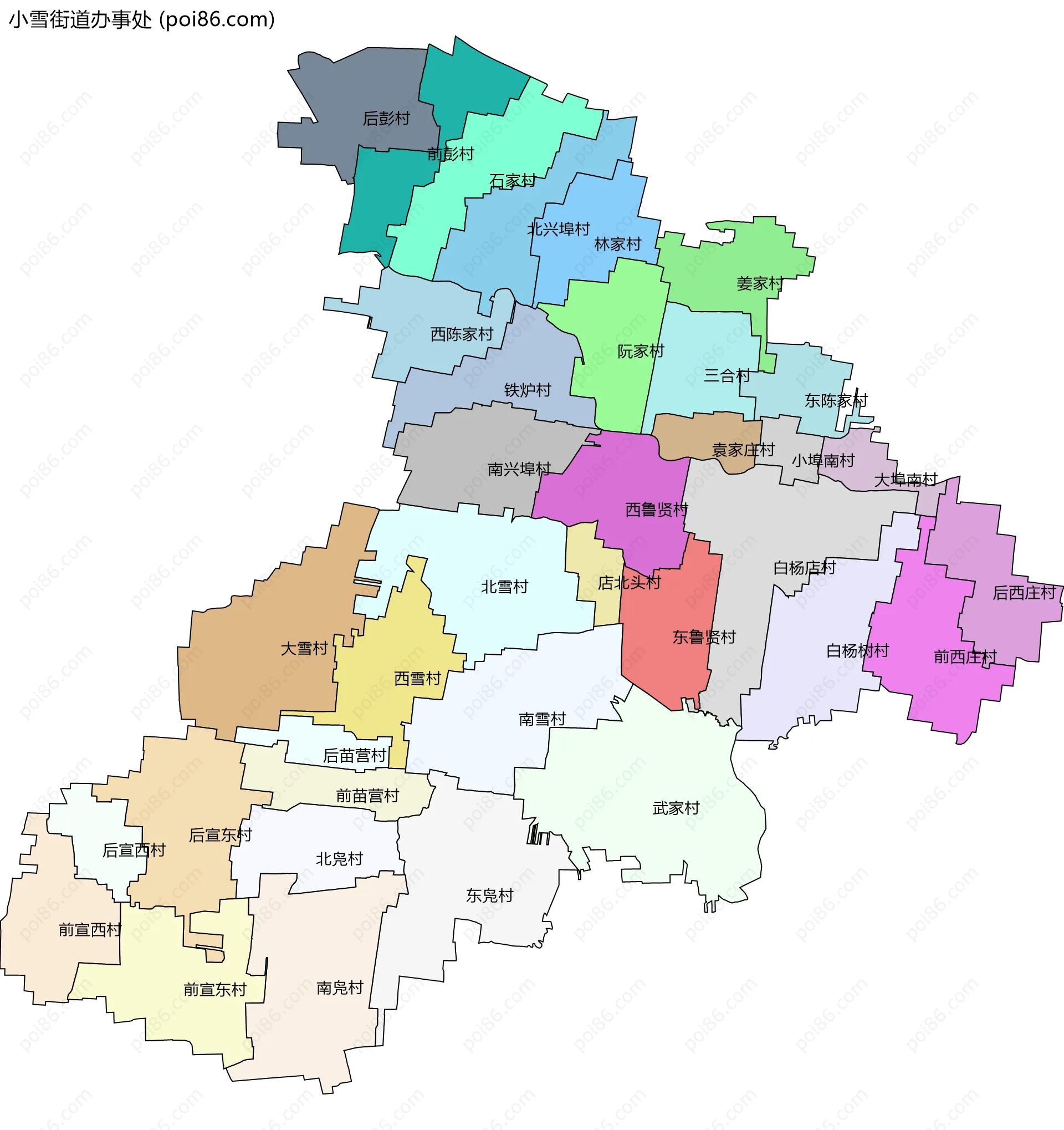 小雪街道办事处边界地图(五级行政区划)