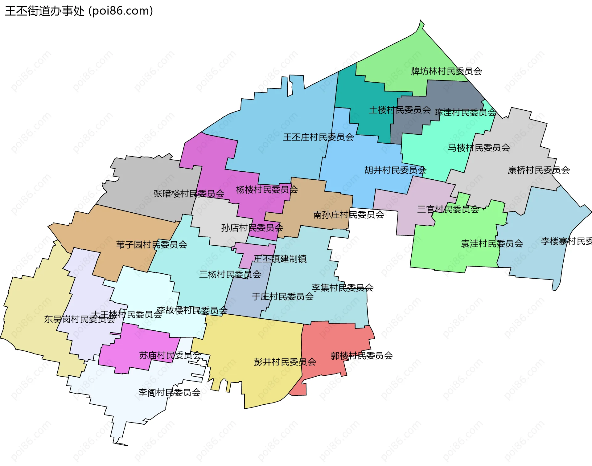 王丕街道办事处边界地图(五级行政区划)