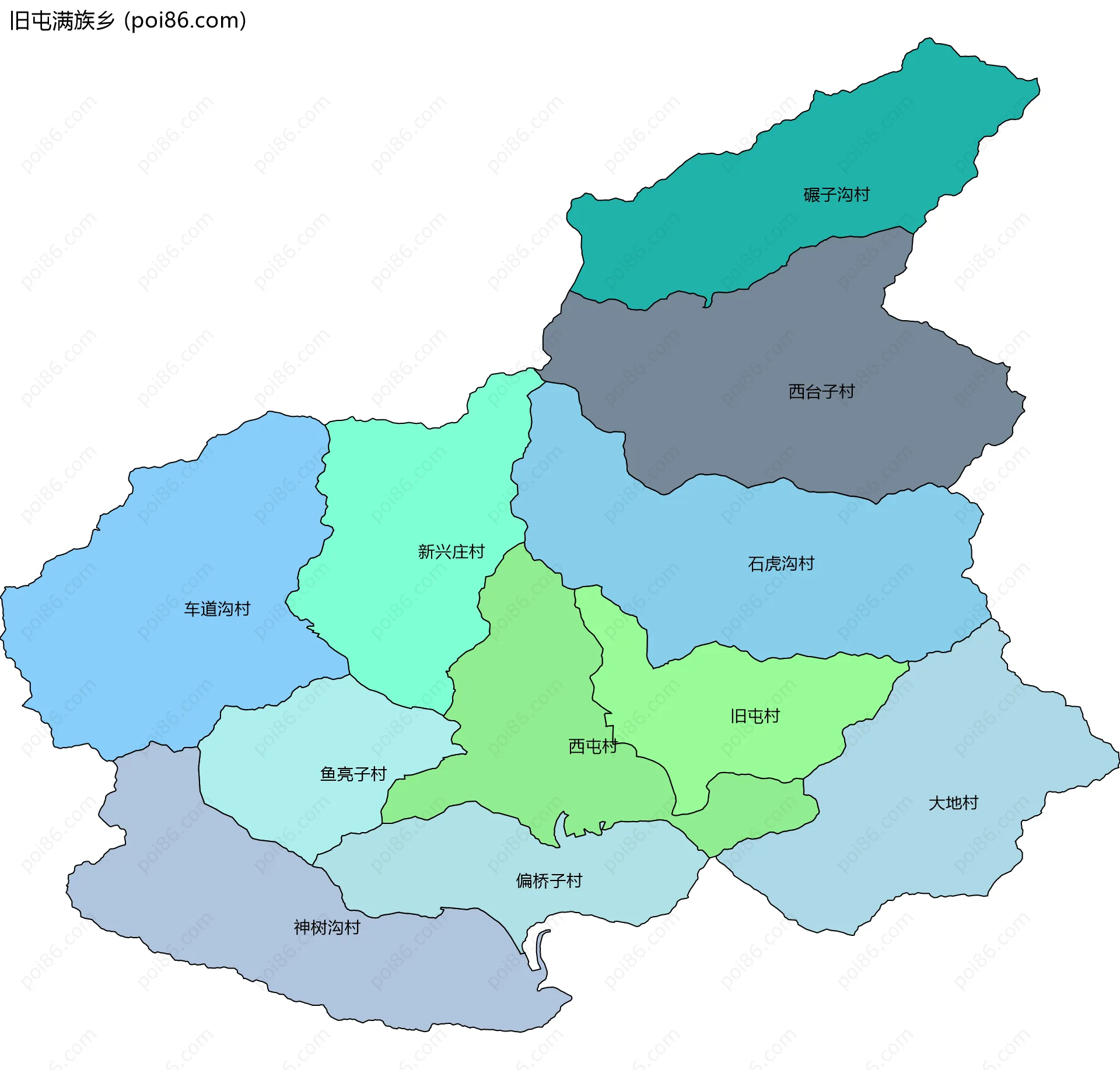 旧屯满族乡边界地图(五级行政区划)