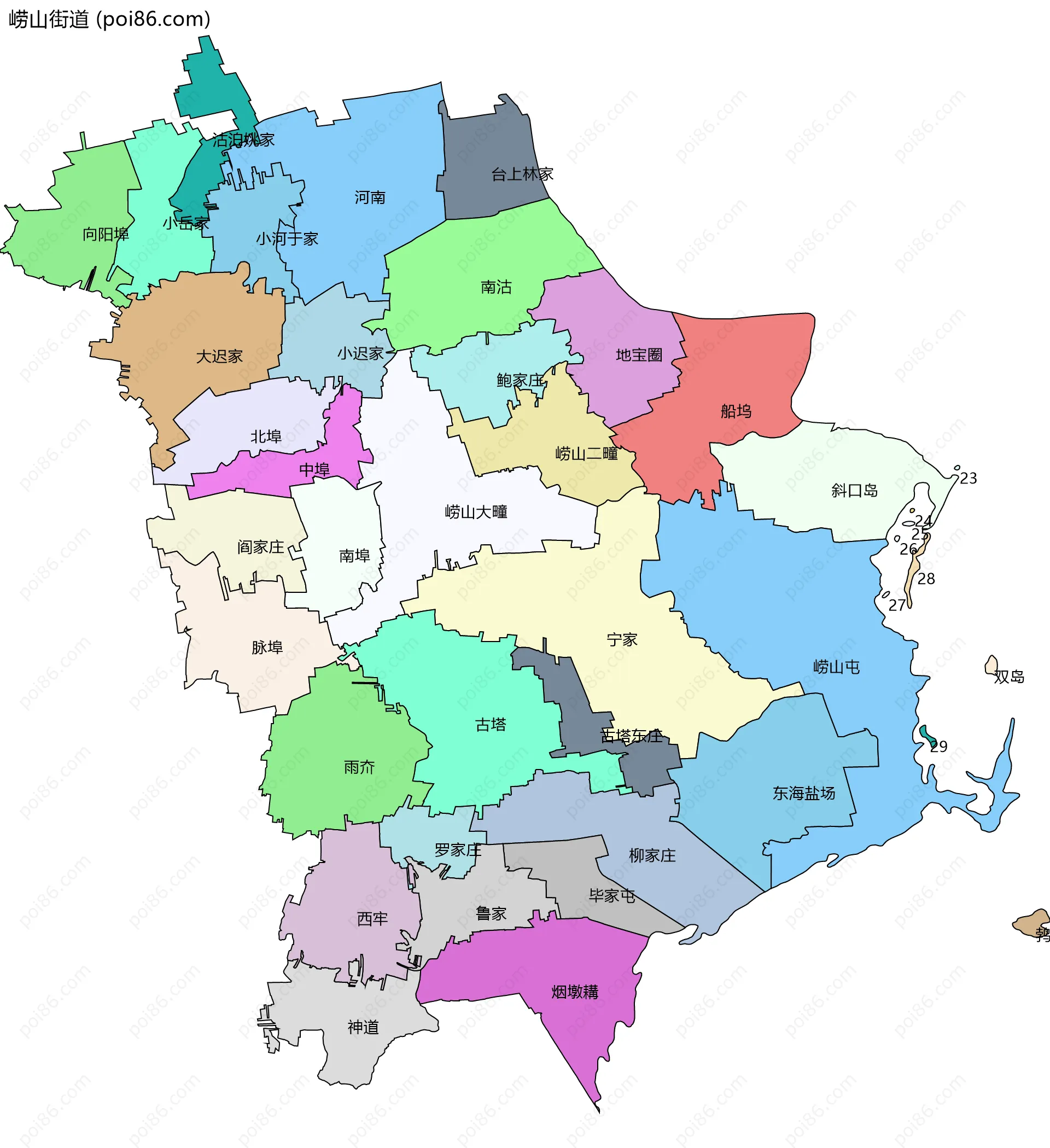 崂山街道边界地图(五级行政区划)