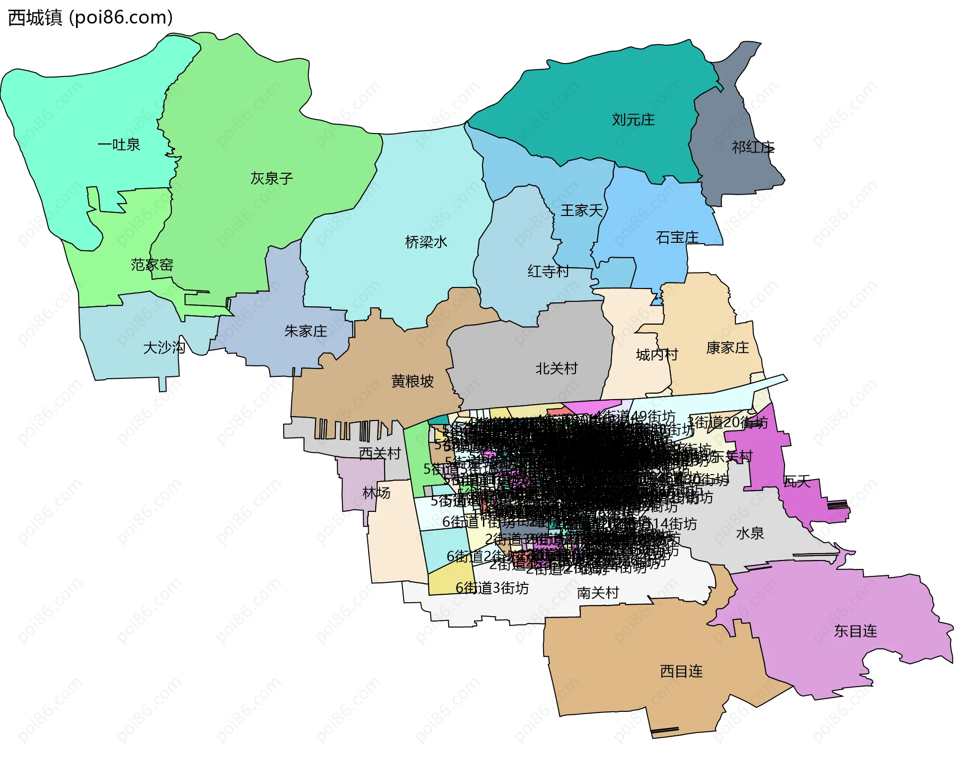 西城镇边界地图(五级行政区划)