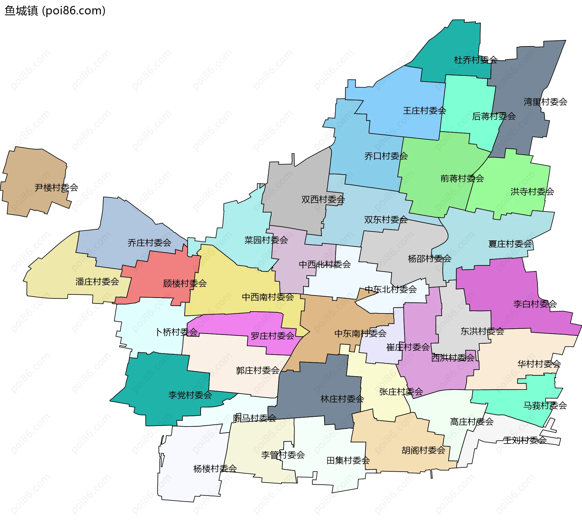 鱼城镇边界地图(五级行政区划)