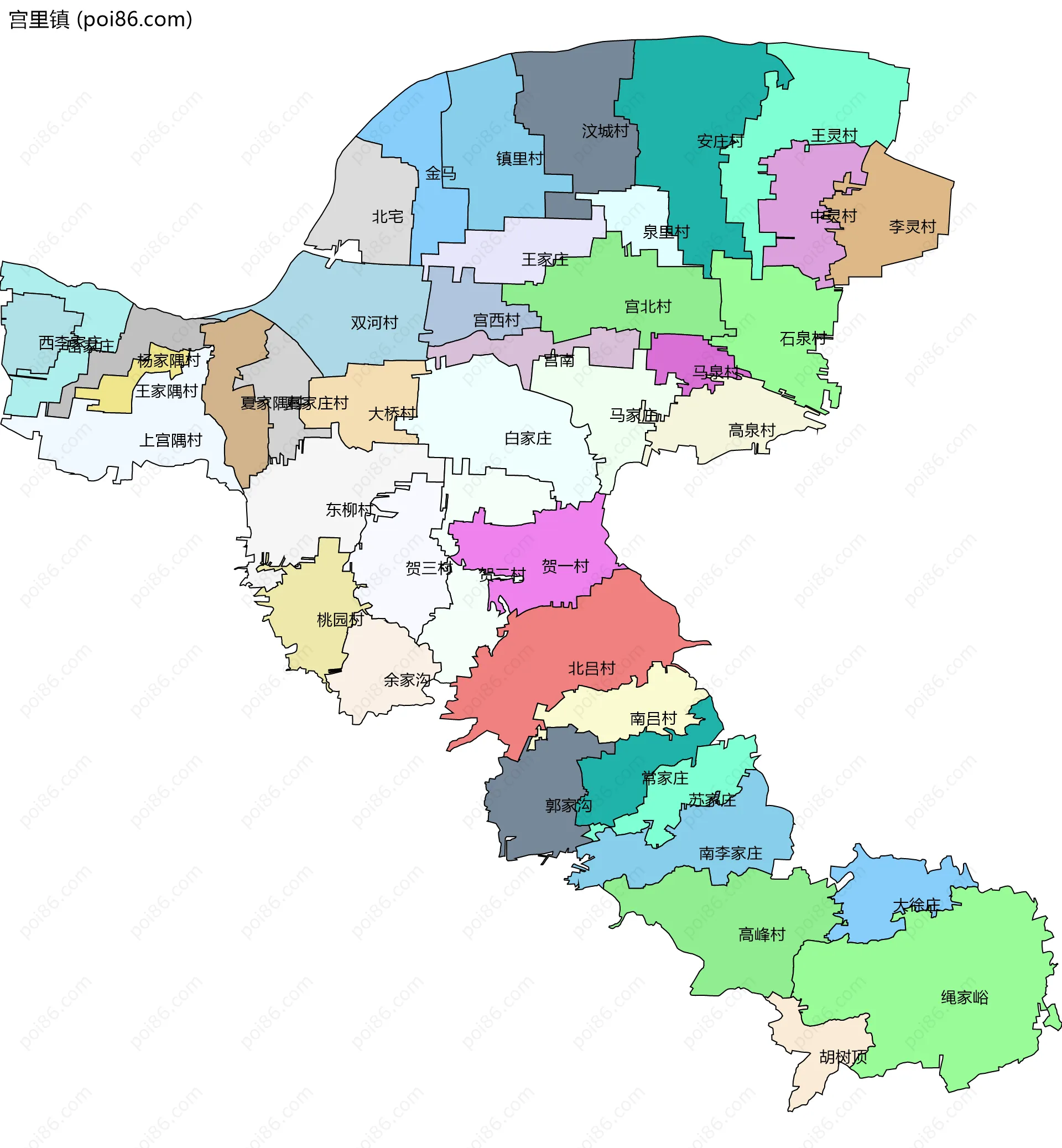 宫里镇边界地图(五级行政区划)