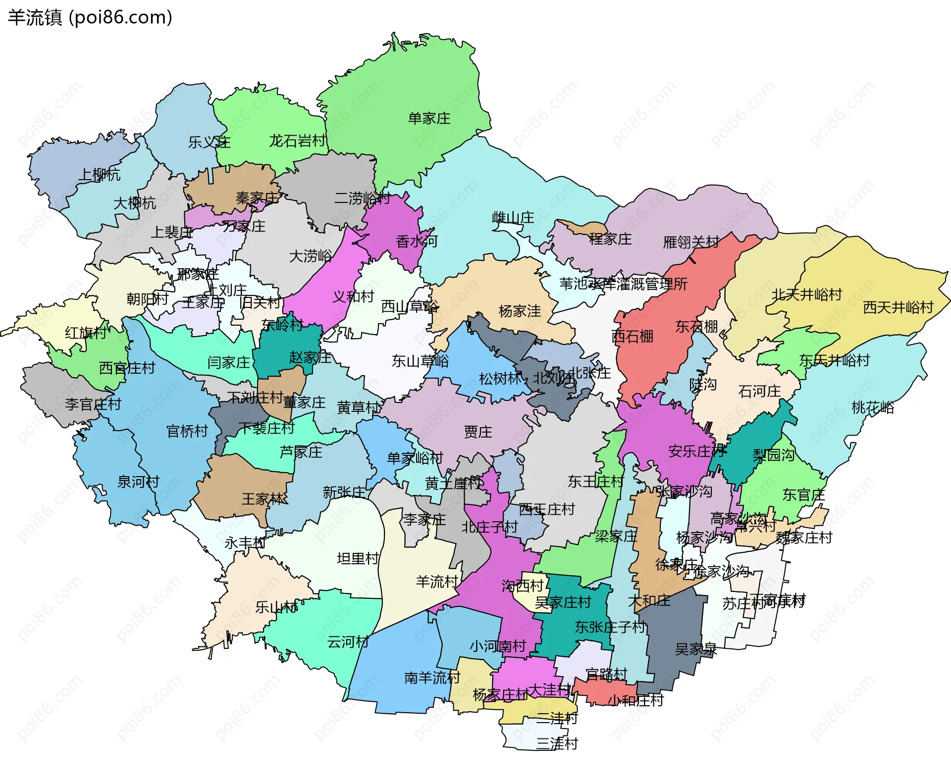 羊流镇边界地图(五级行政区划)