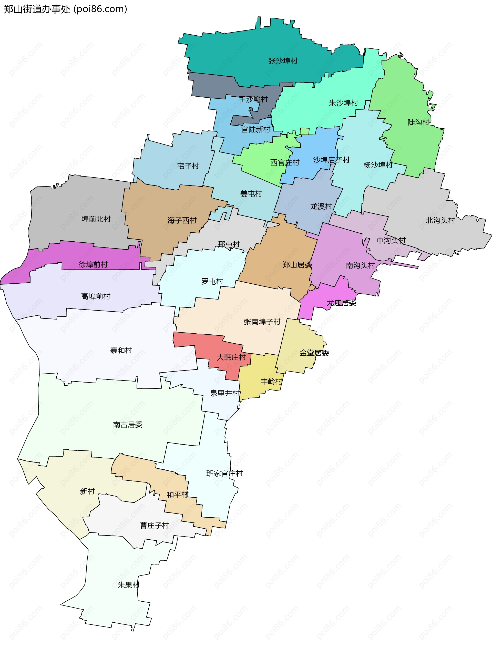 郑山街道办事处边界地图(五级行政区划)