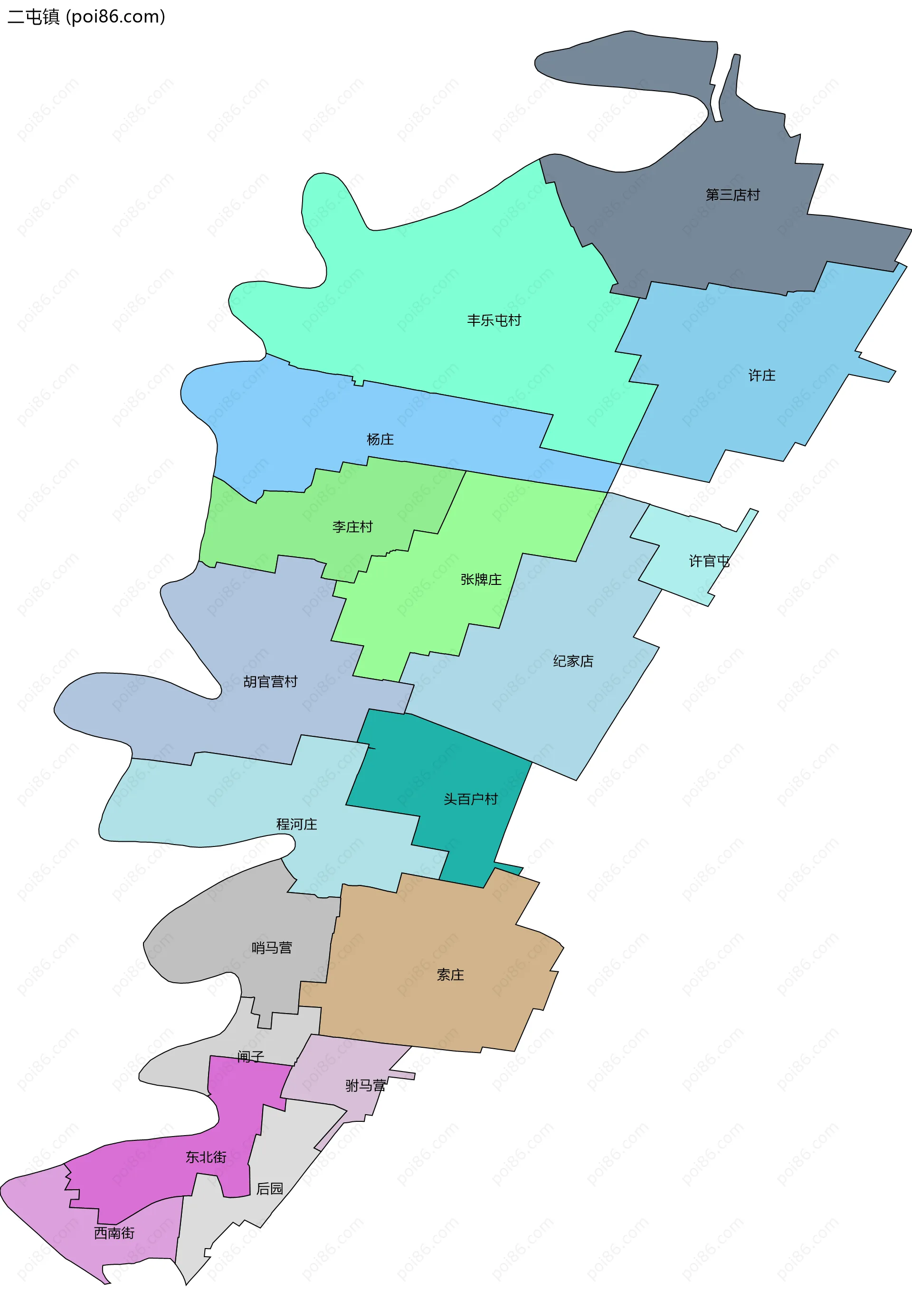 二屯镇边界地图(五级行政区划)