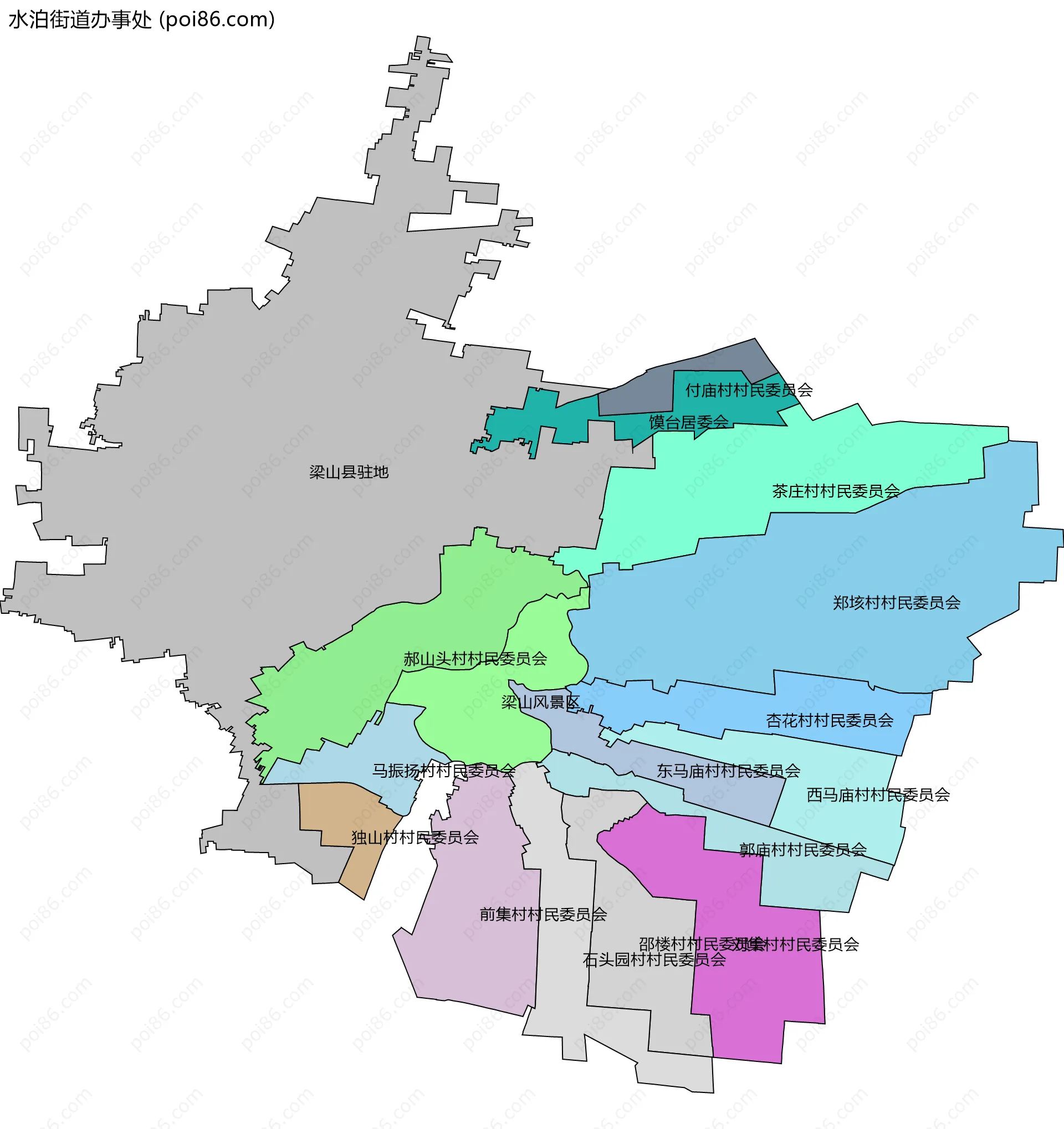 水泊街道办事处边界地图(五级行政区划)