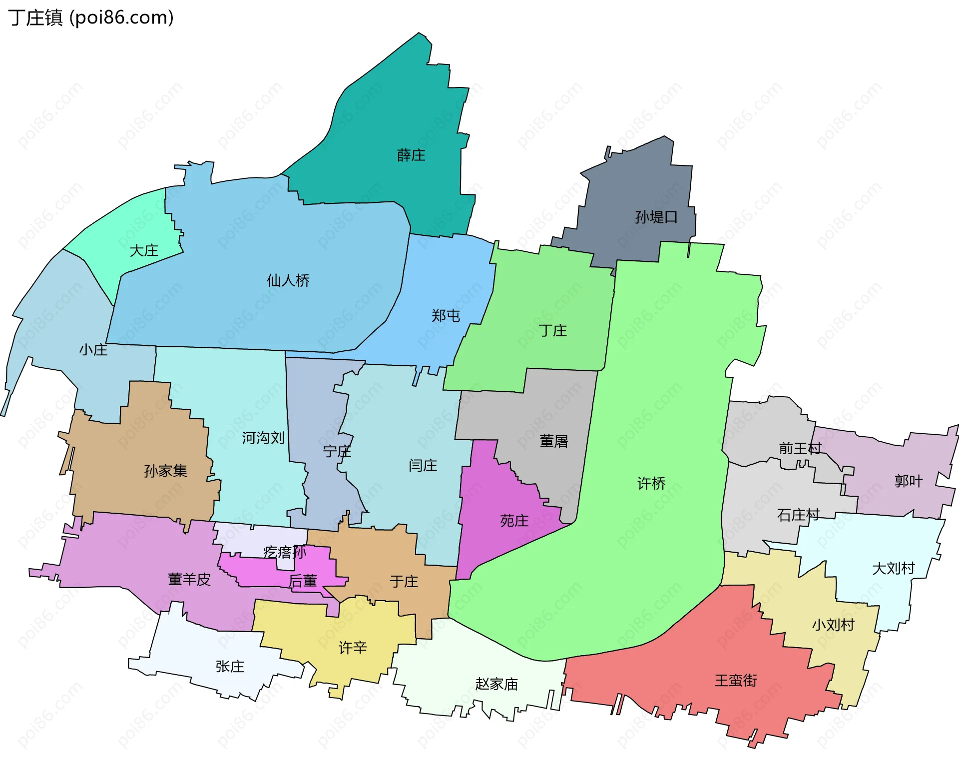 丁庄镇边界地图(五级行政区划)