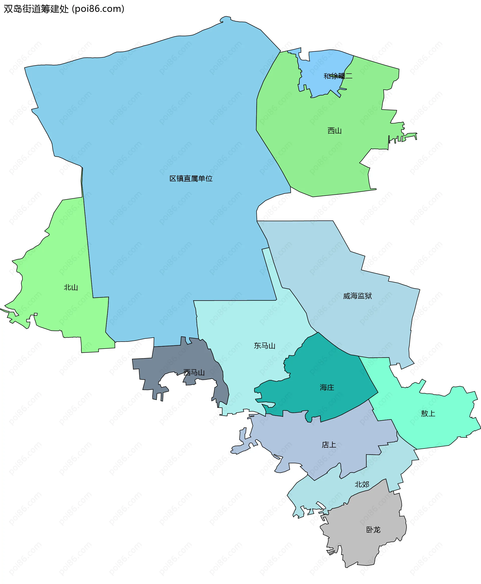 双岛街道筹建处边界地图(五级行政区划)