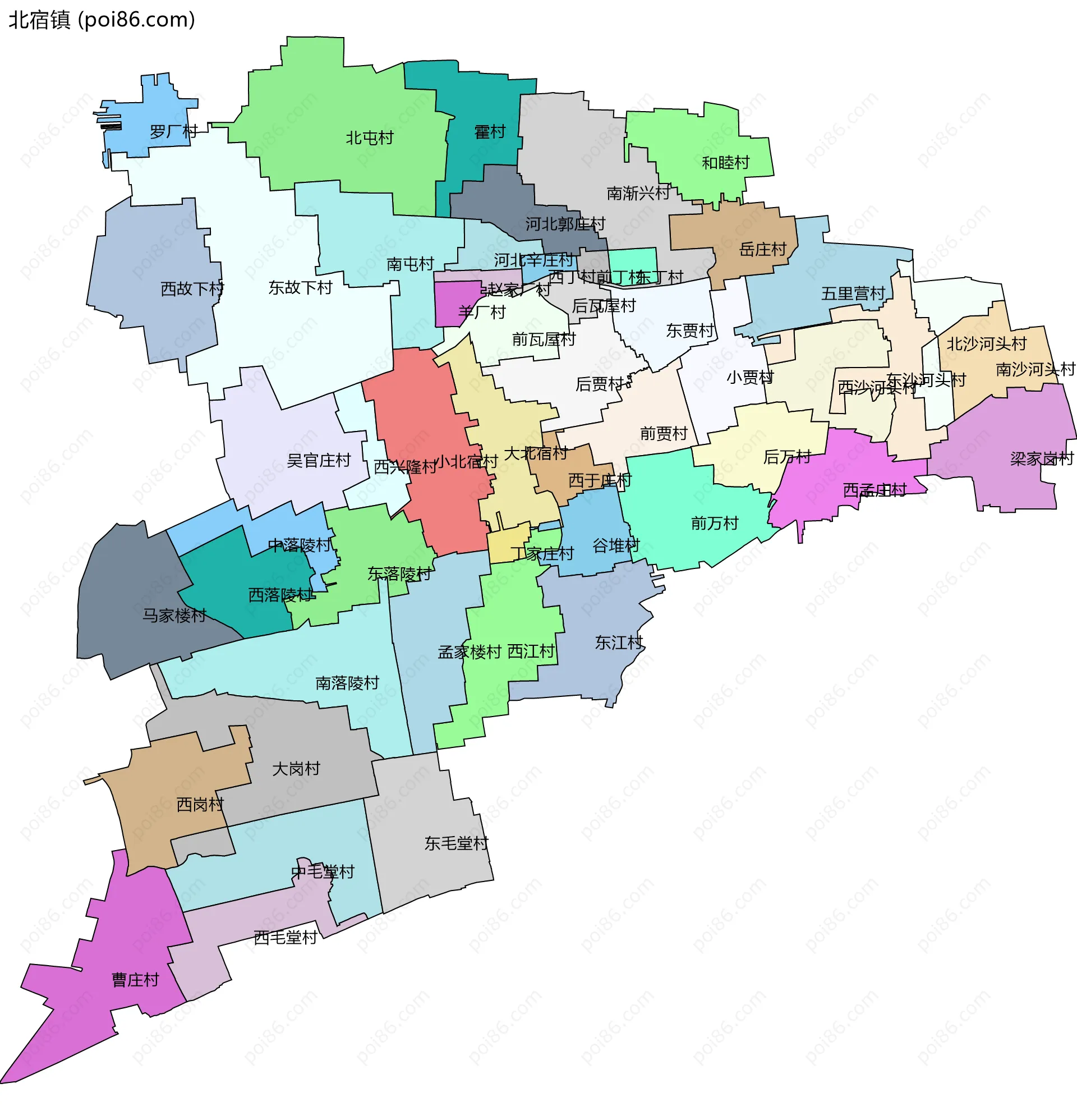 北宿镇边界地图(五级行政区划)
