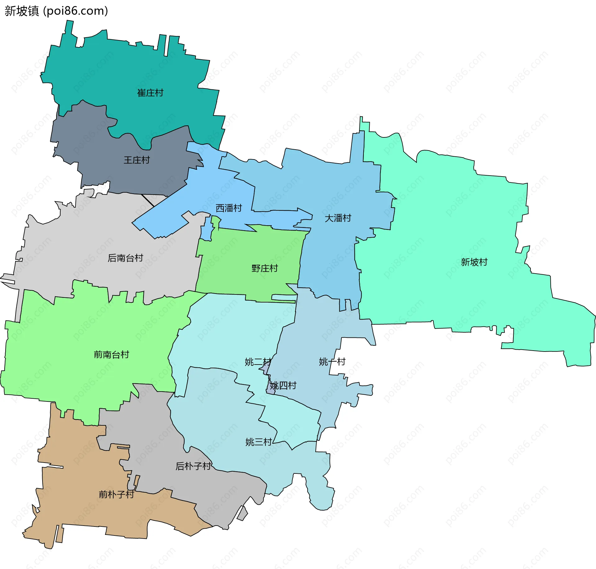 新坡镇边界地图(五级行政区划)