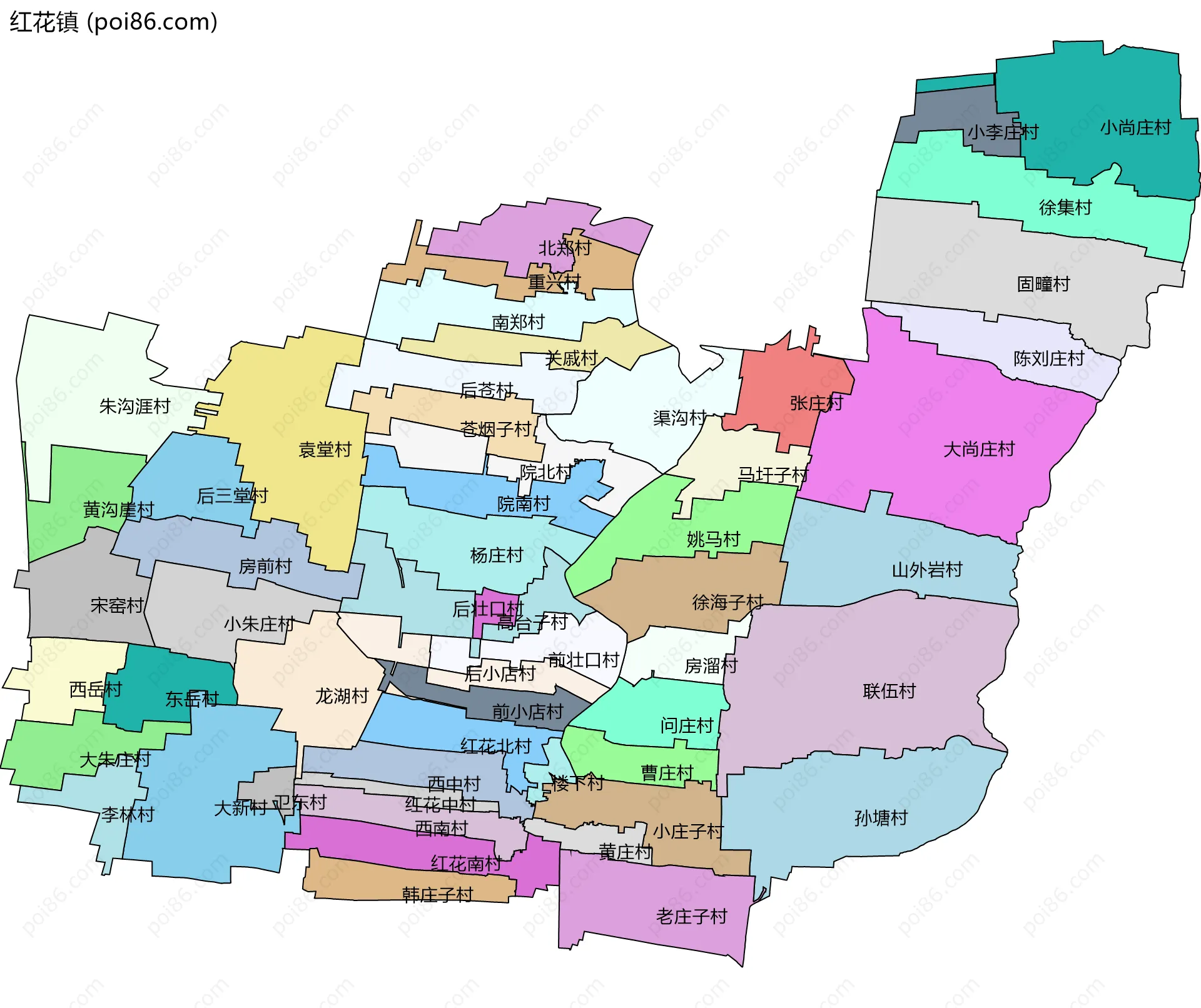 红花镇边界地图(五级行政区划)