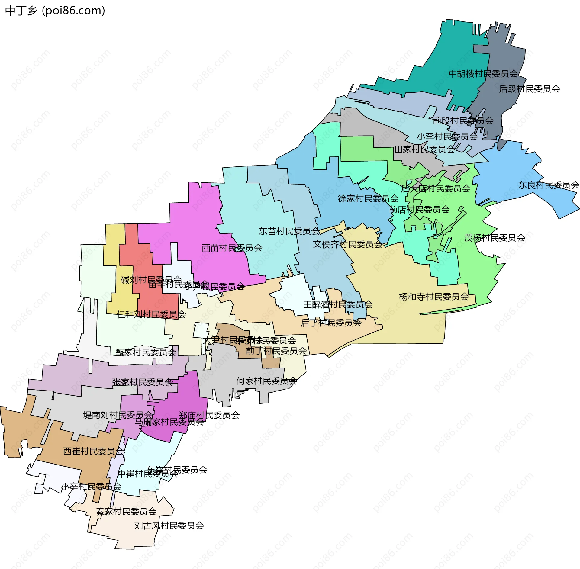 中丁乡边界地图(五级行政区划)