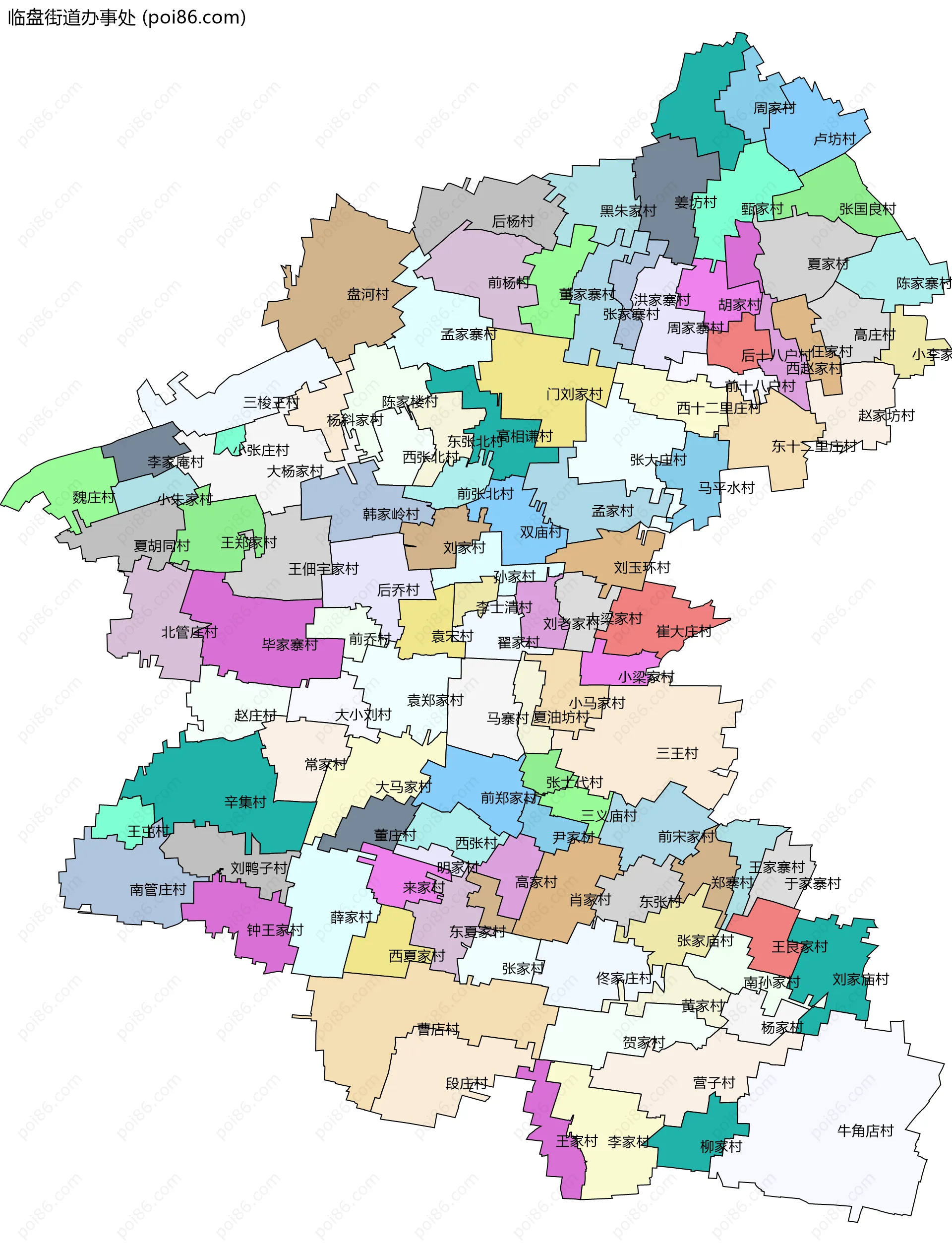 临盘街道办事处边界地图(五级行政区划)